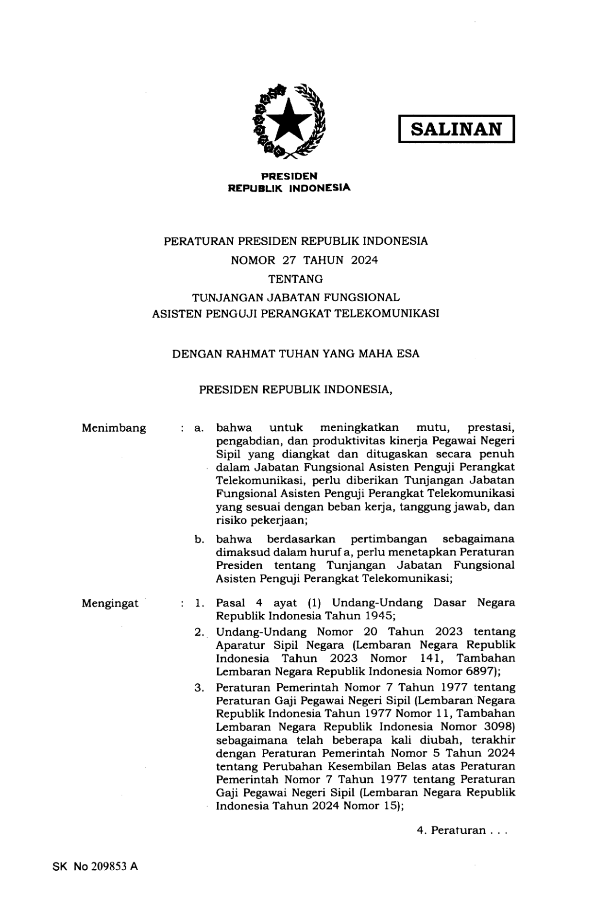 Peraturan Presiden Nomor 27 Tahun 2024