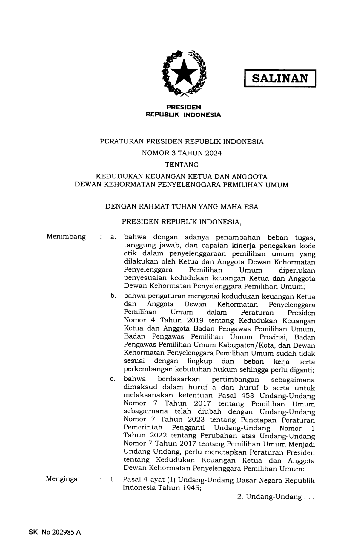 Peraturan Presiden Nomor 3 Tahun 2024