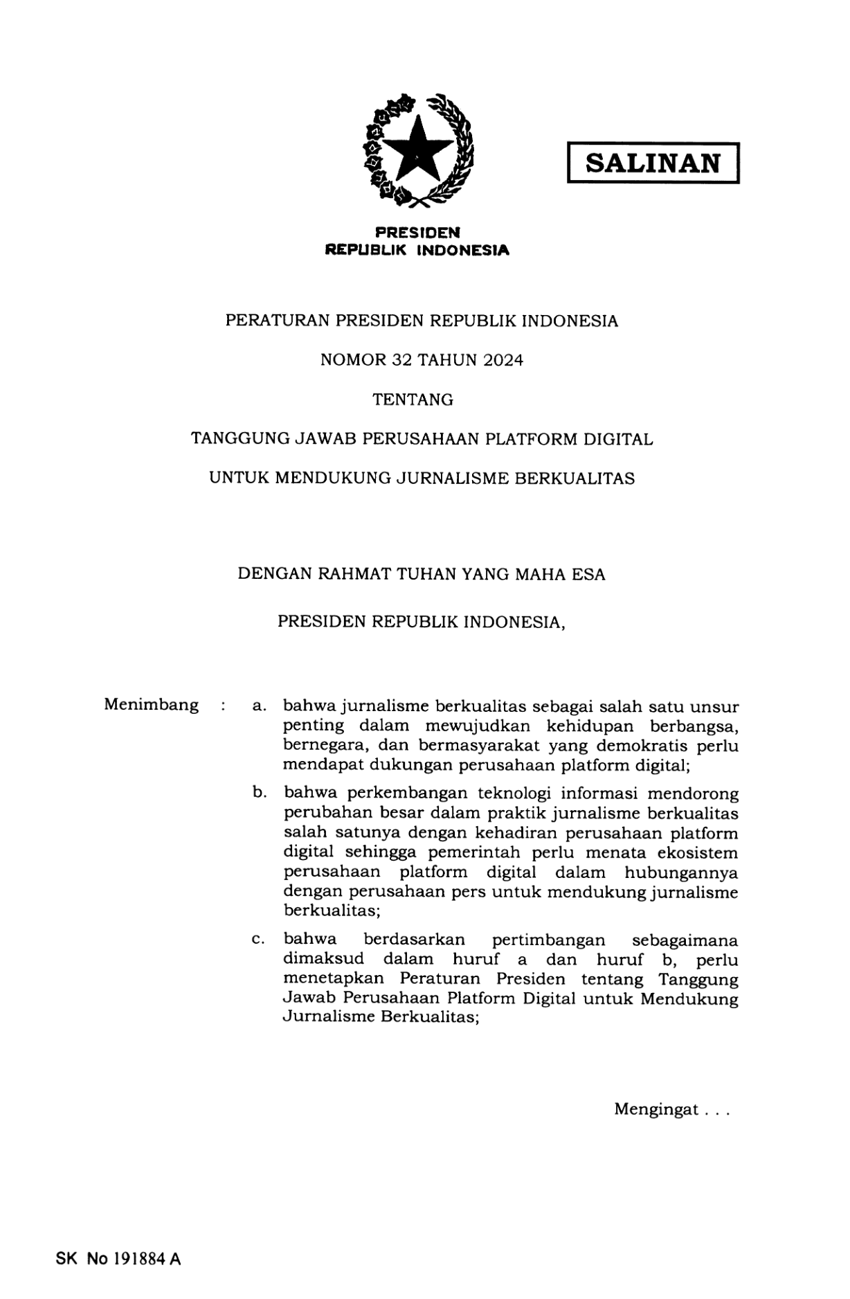 Peraturan Presiden Nomor 32 Tahun 2024