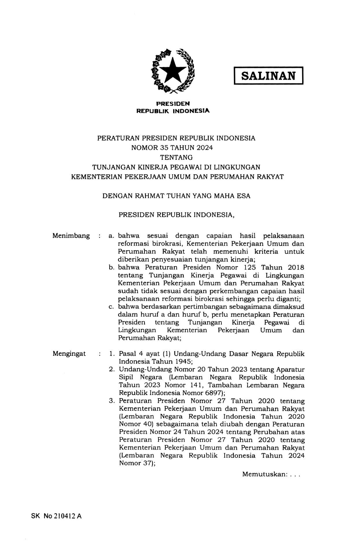 Peraturan Presiden Nomor 35 Tahun 2024