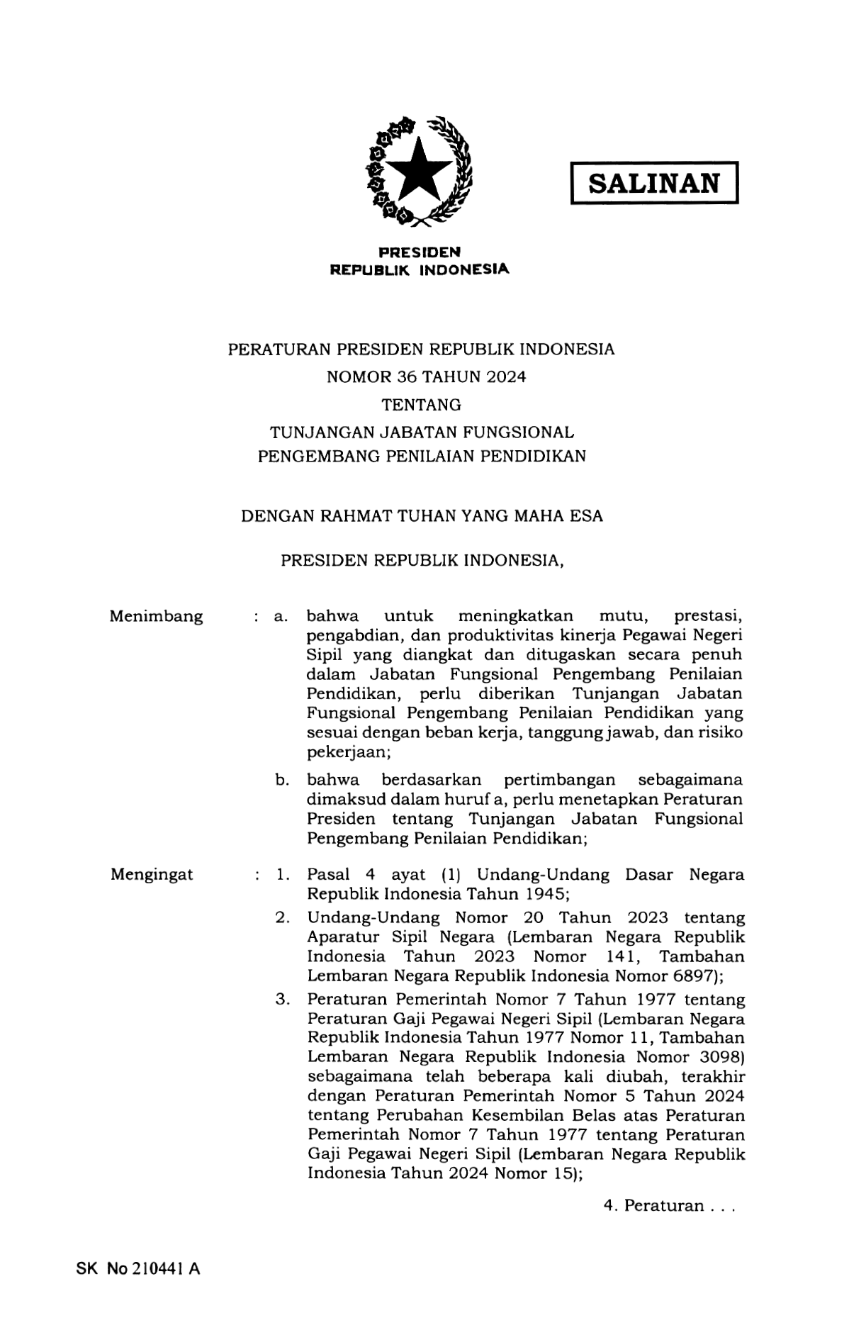 Peraturan Presiden Nomor 36 Tahun 2024