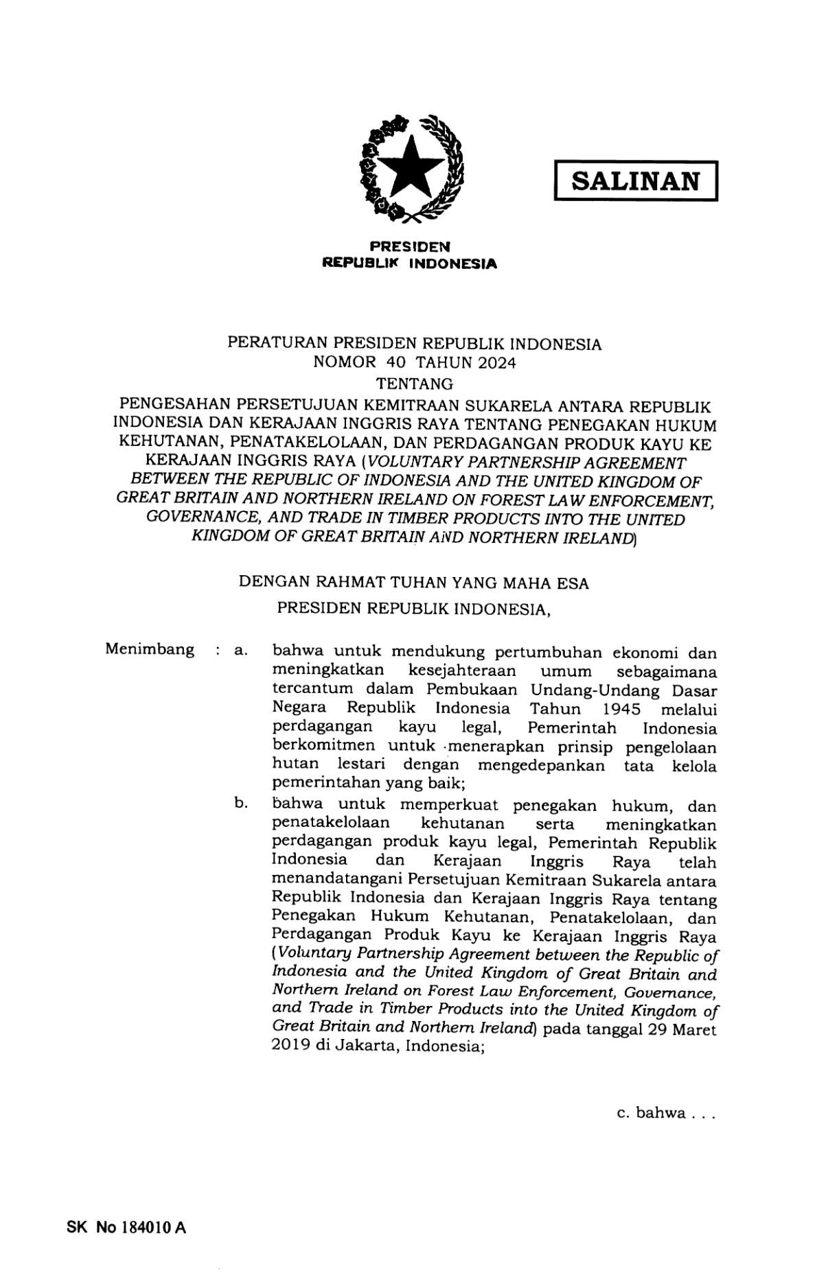 Peraturan Presiden Nomor 40 Tahun 2024