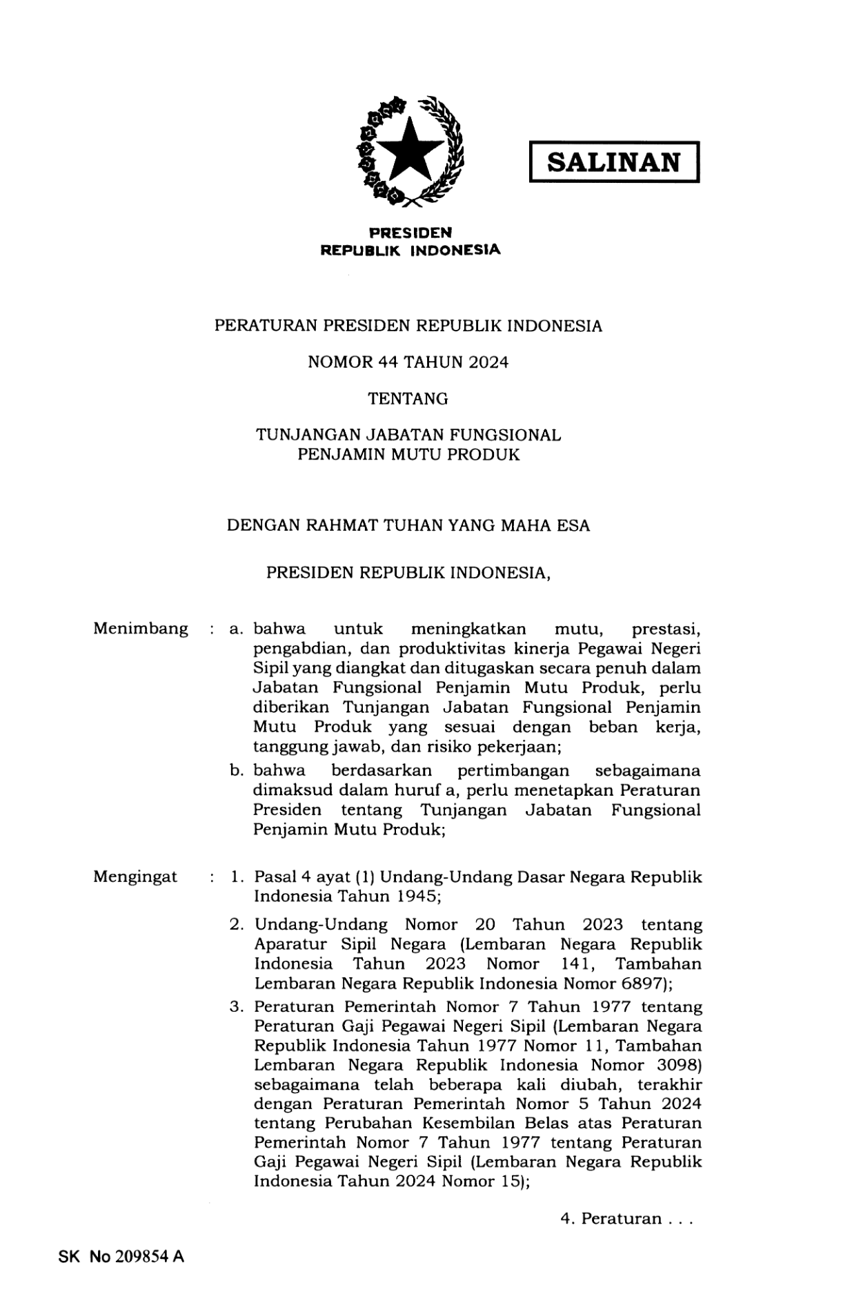 Peraturan Presiden Nomor 44 Tahun 2024