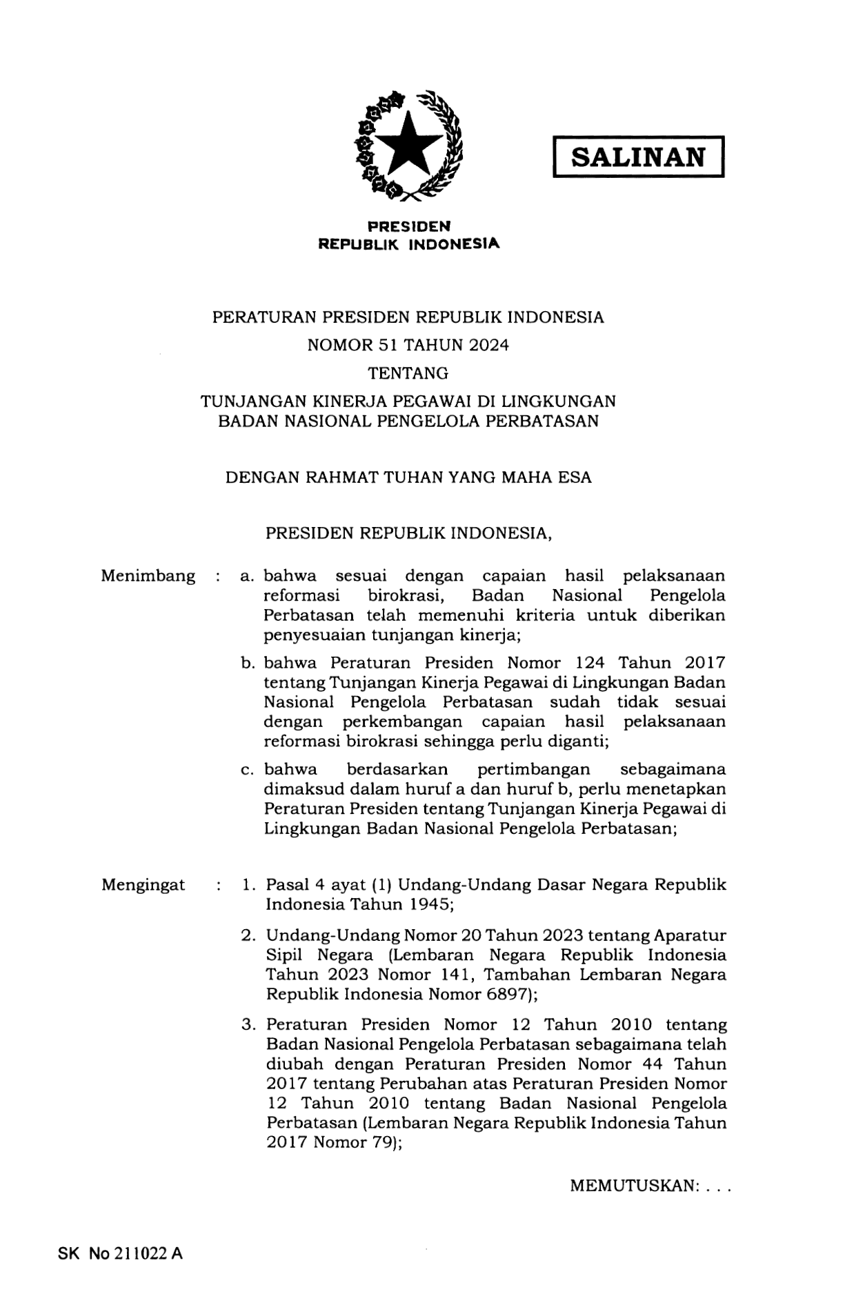 Peraturan Presiden Nomor 51 Tahun 2024