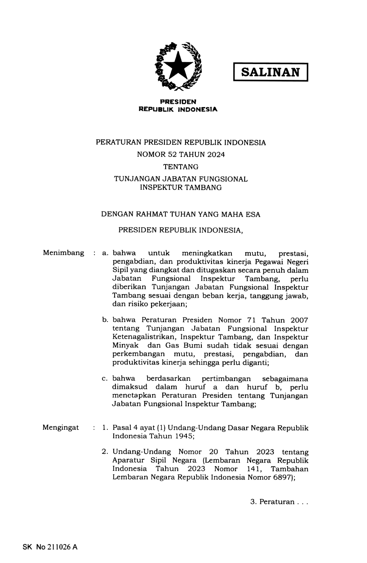 Peraturan Presiden Nomor 52 Tahun 2024