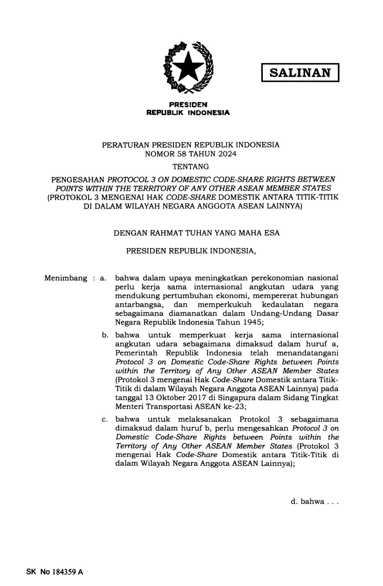 Peraturan Presiden Nomor 58 Tahun 2024