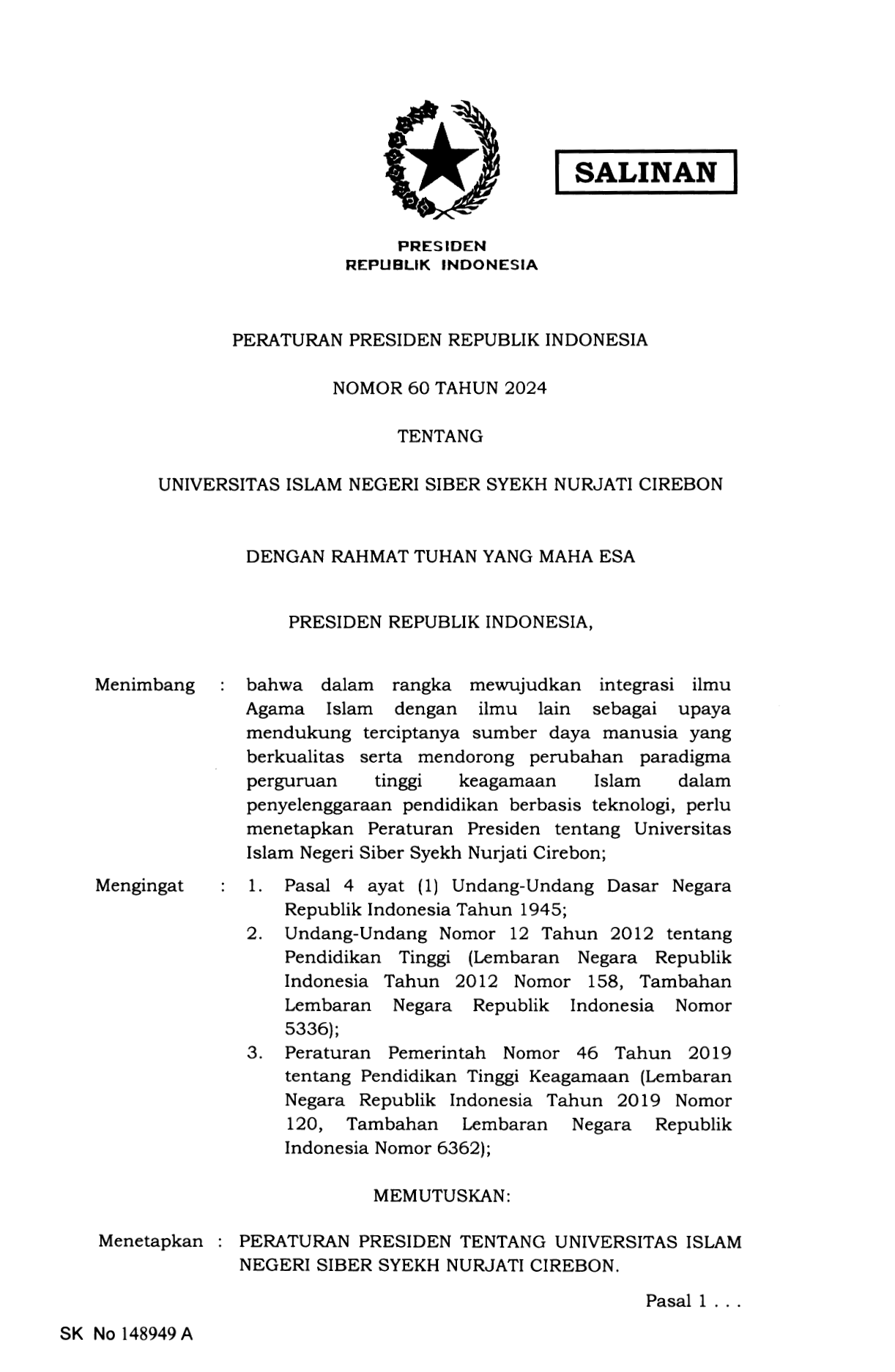 Peraturan Presiden Nomor 60 Tahun 2024