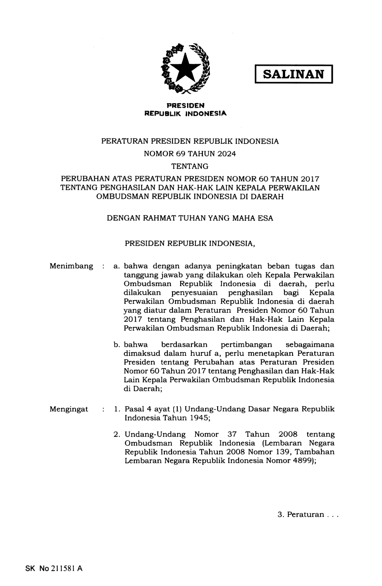 Peraturan Presiden Nomor 69 Tahun 2024