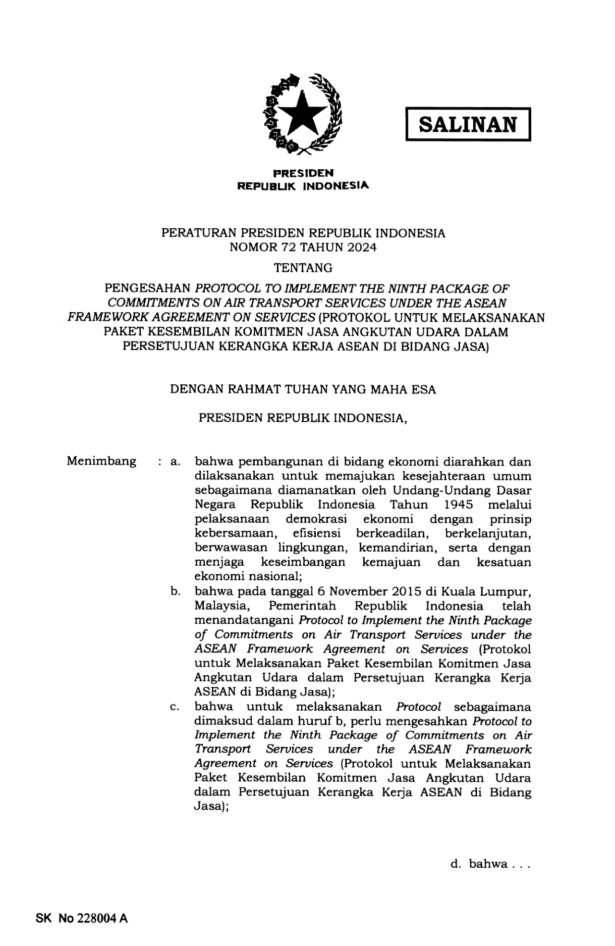 Peraturan Presiden Nomor 72 Tahun 2024