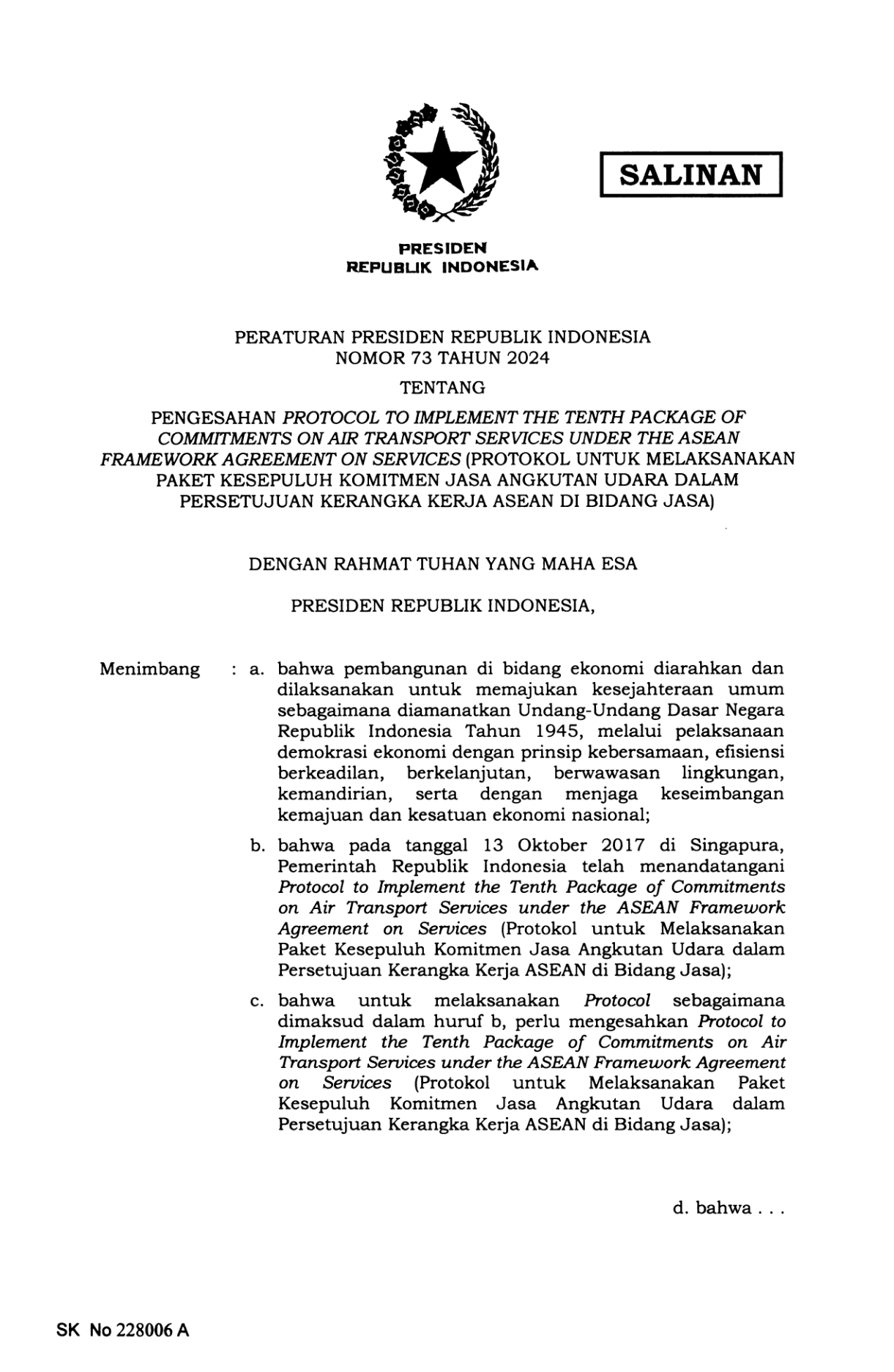 Peraturan Presiden Nomor 73 Tahun 2024