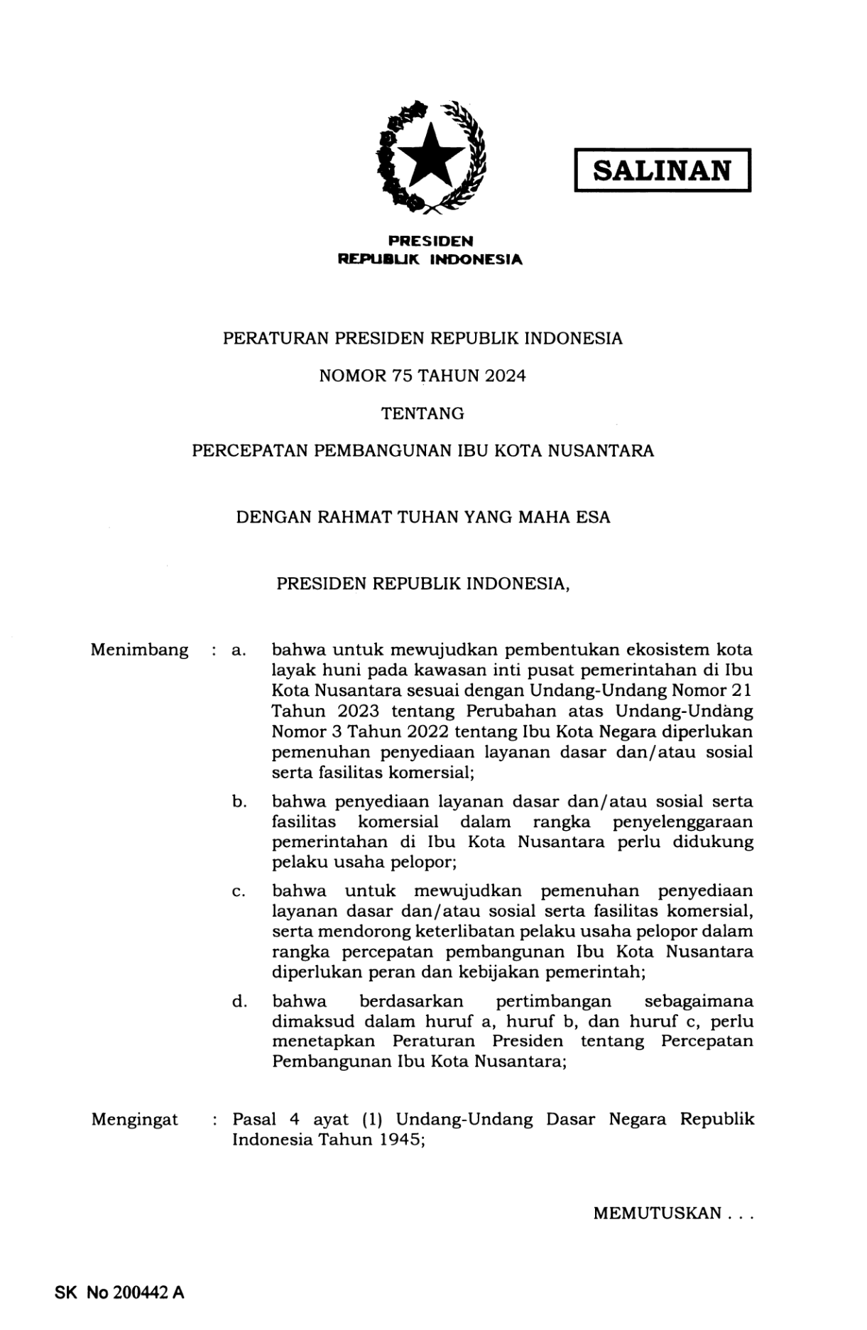 Peraturan Presiden Nomor 75 Tahun 2024