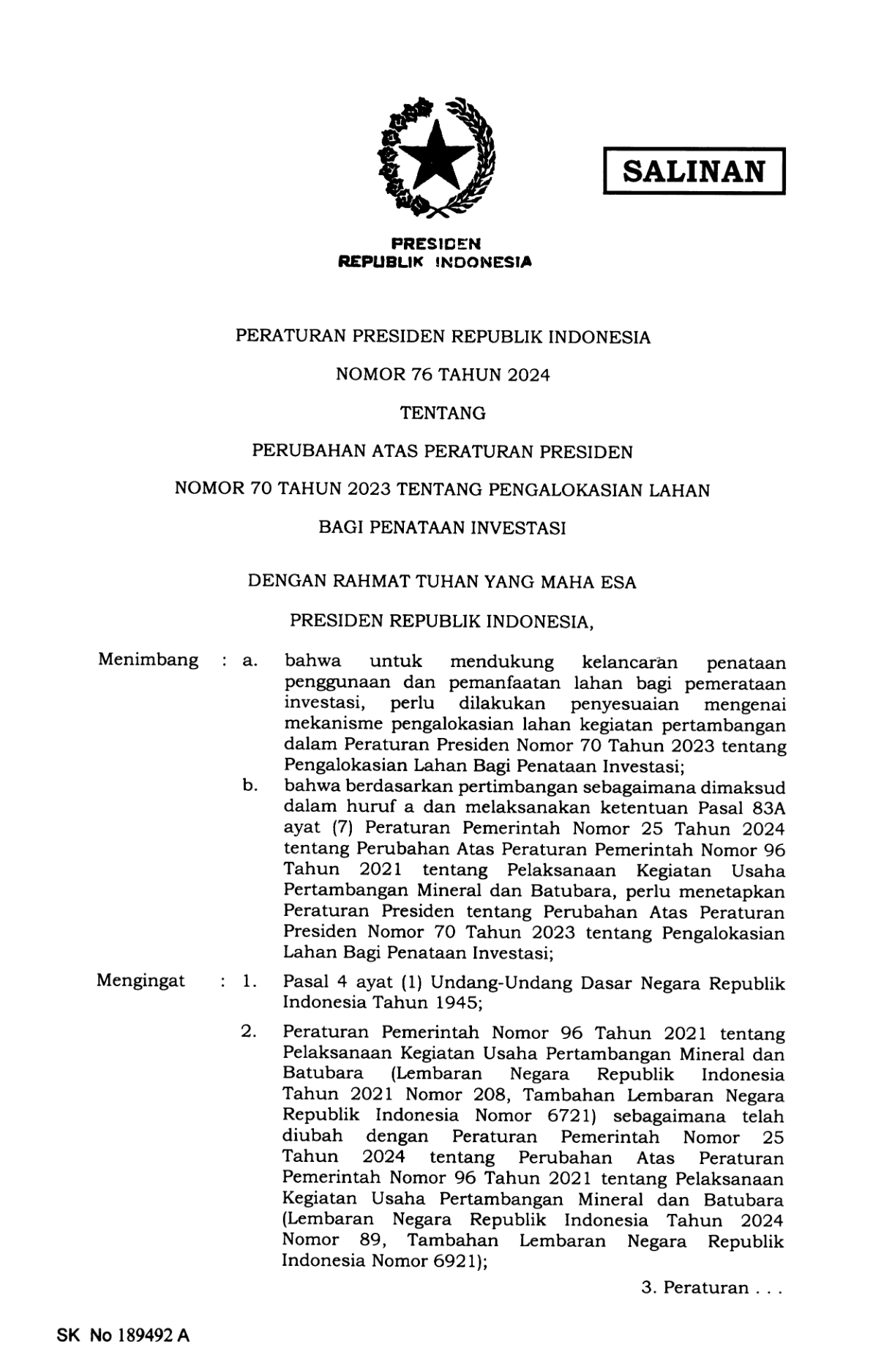 Peraturan Presiden Nomor 76 Tahun 2024