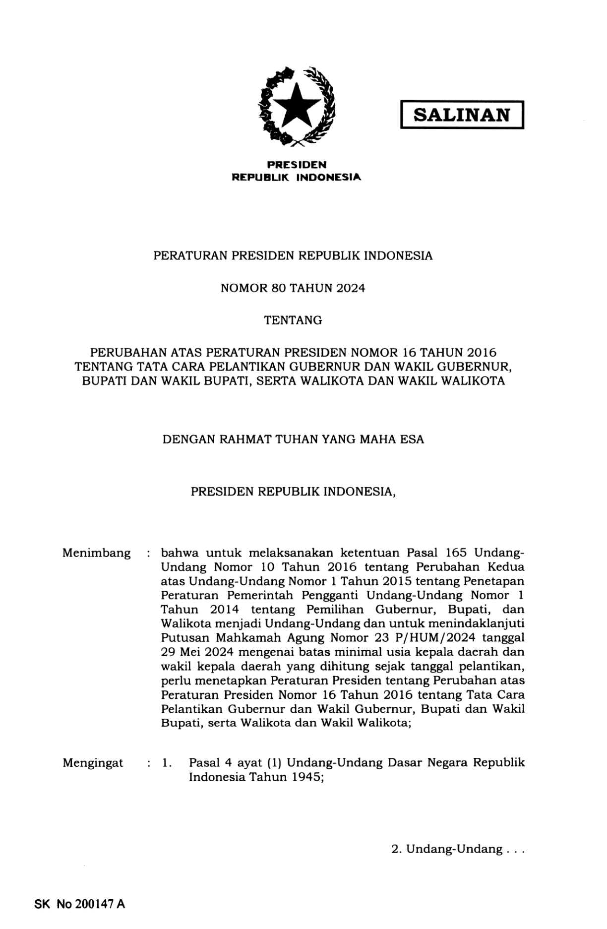 Peraturan Presiden Nomor 80 Tahun 2024