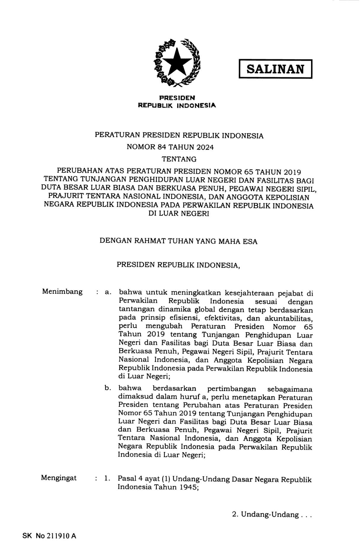 Peraturan Presiden Nomor 84 Tahun 2024