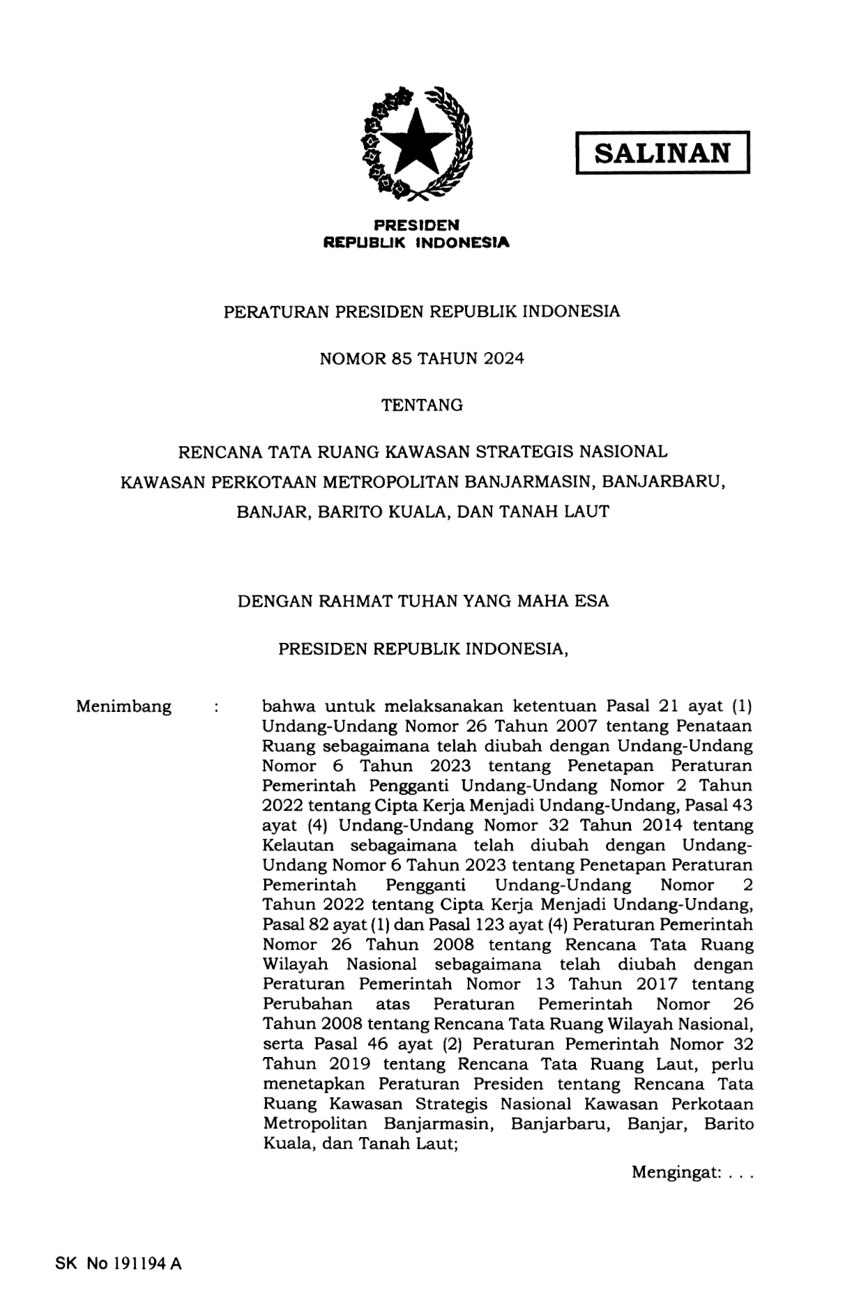 Peraturan Presiden Nomor 85 Tahun 2024