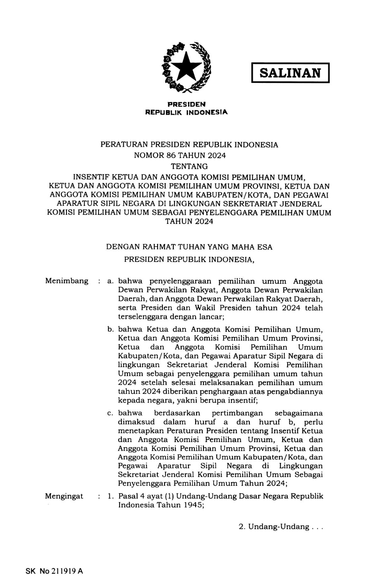 Peraturan Presiden Nomor 86 Tahun 2024