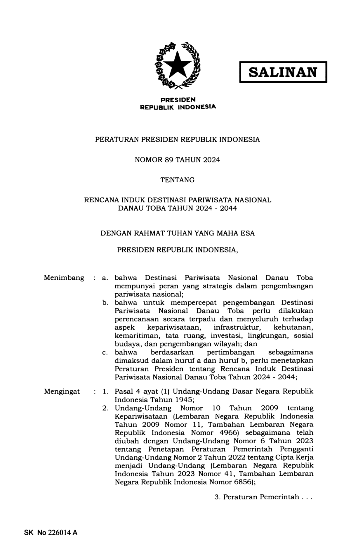 Peraturan Presiden Nomor 89 Tahun 2024