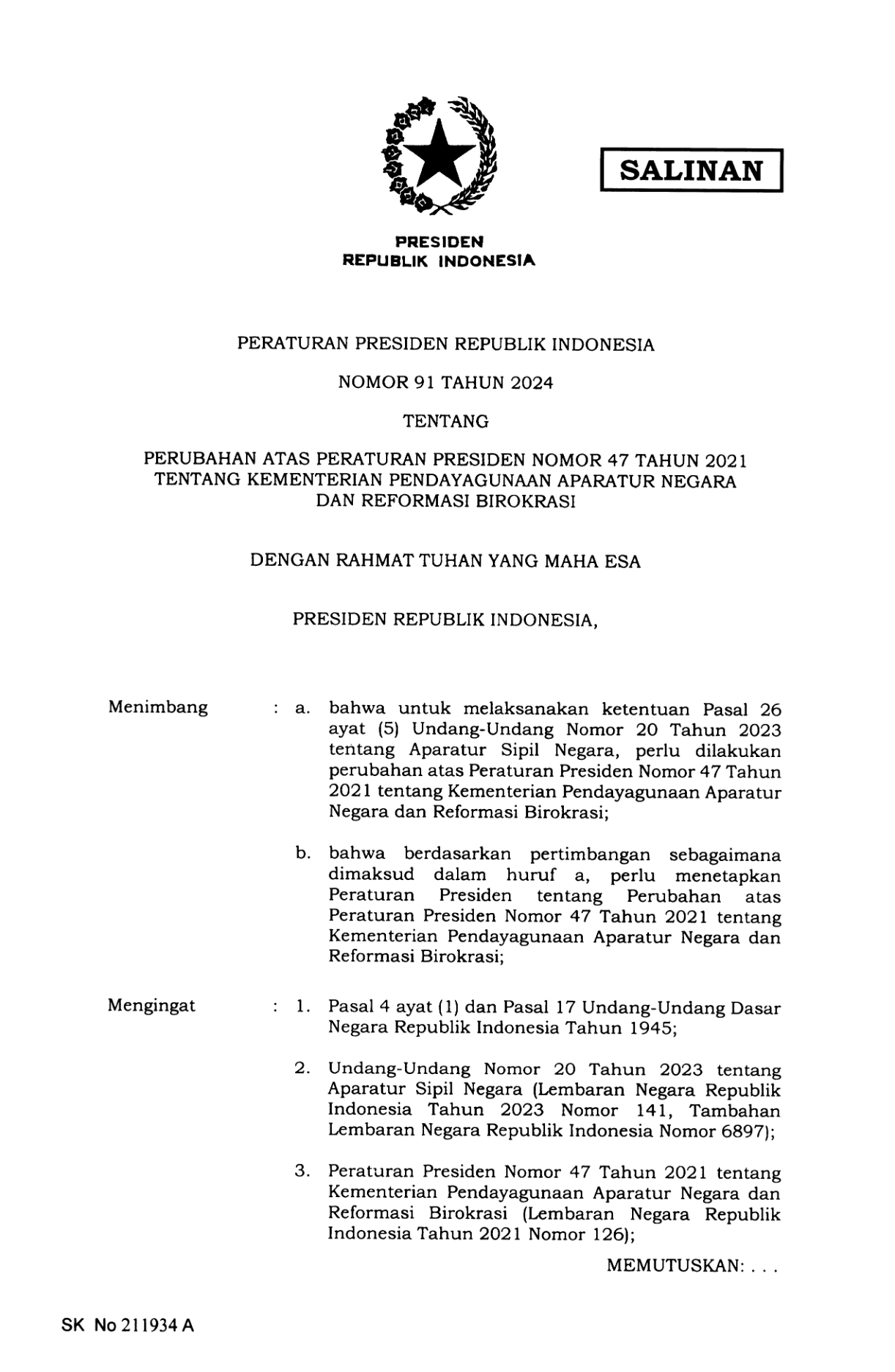 Peraturan Presiden Nomor 91 Tahun 2024