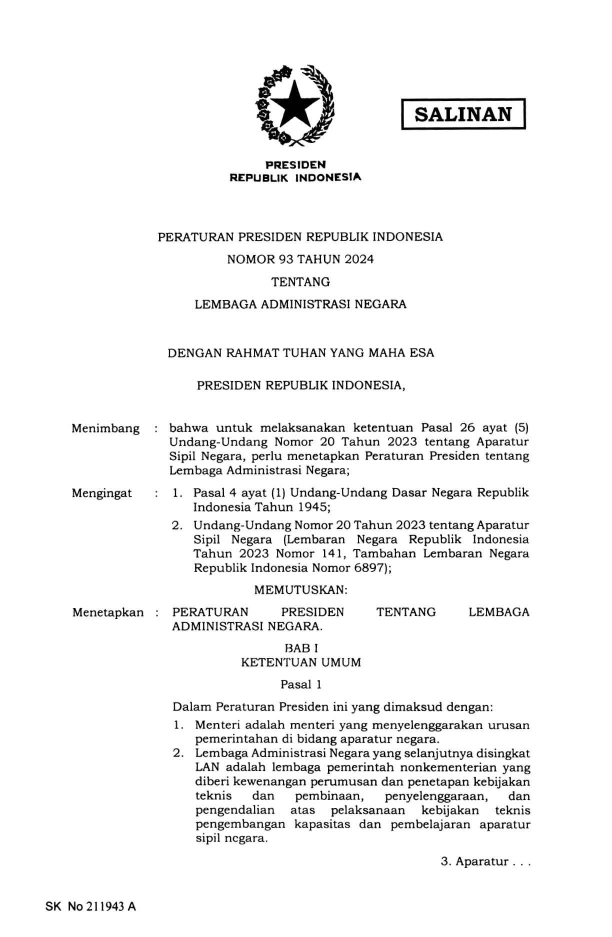 Peraturan Presiden Nomor 93 Tahun 2024