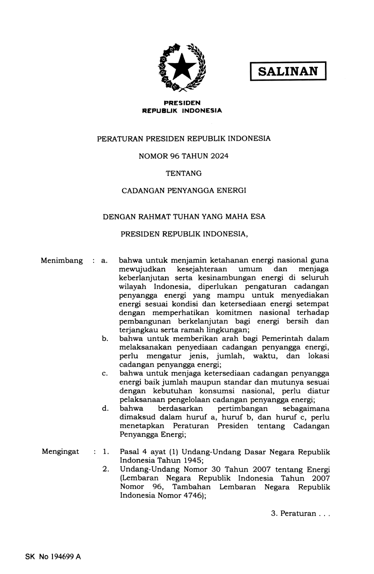 Peraturan Presiden Nomor 96 Tahun 2024