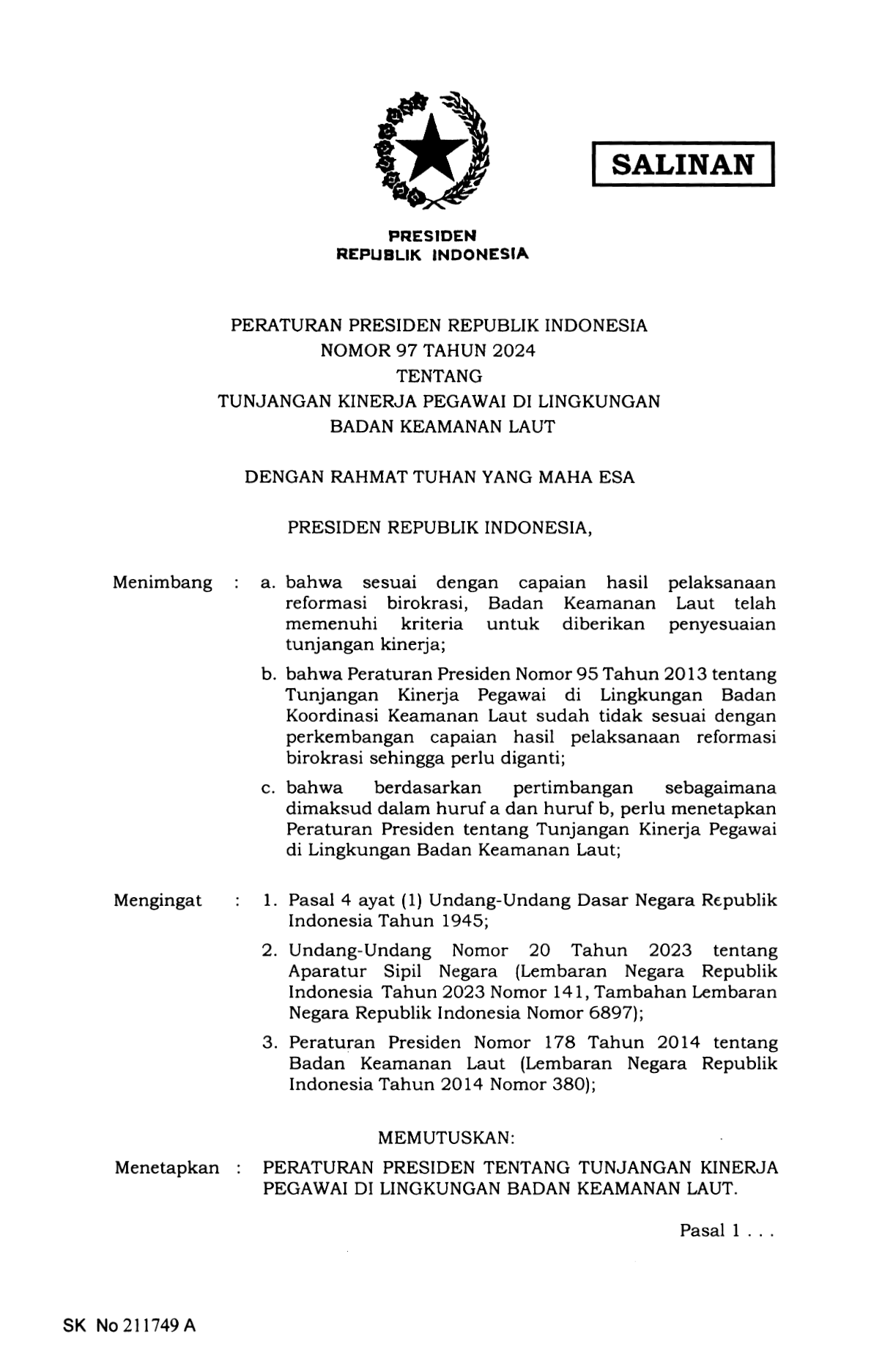 Peraturan Presiden Nomor 97 Tahun 2024