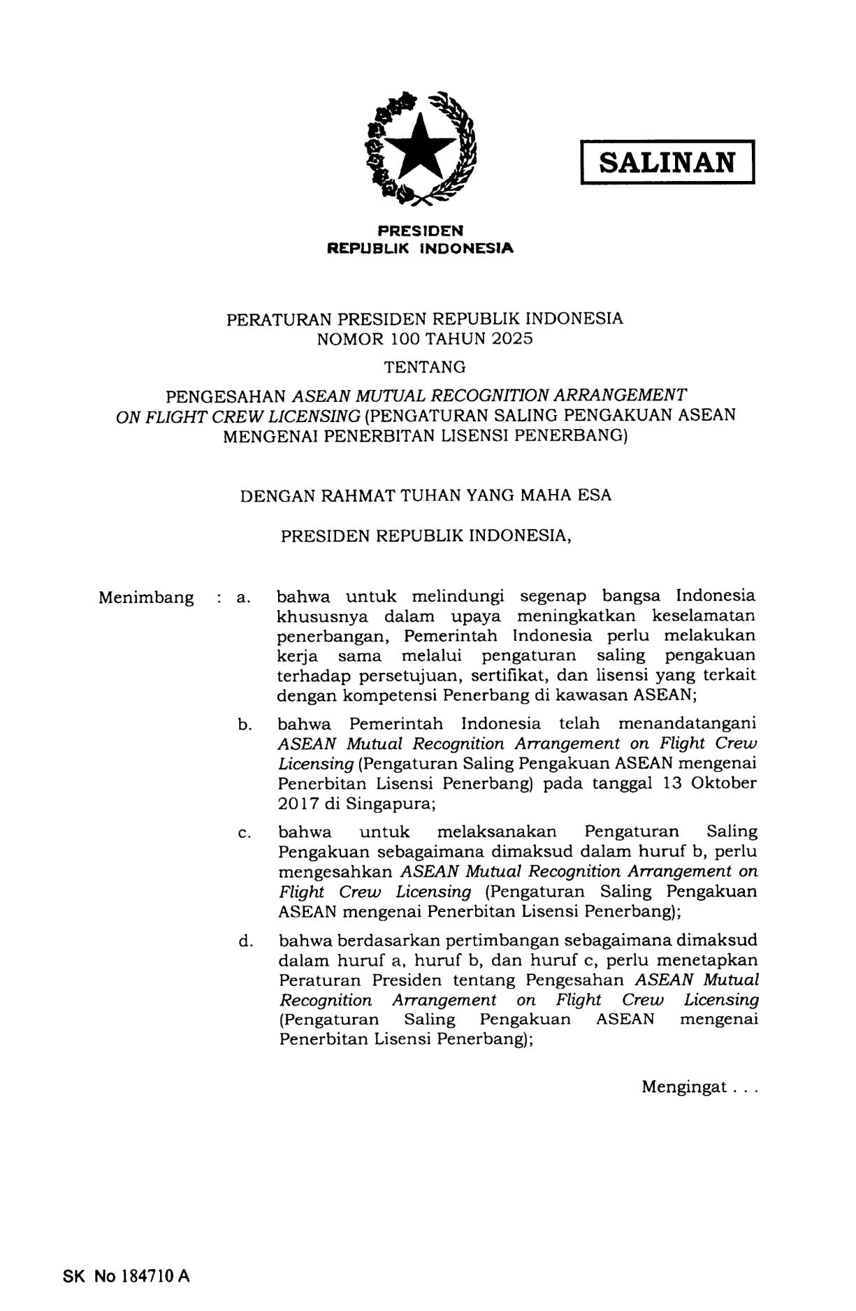 Peraturan Presiden Nomor 100 Tahun 2025