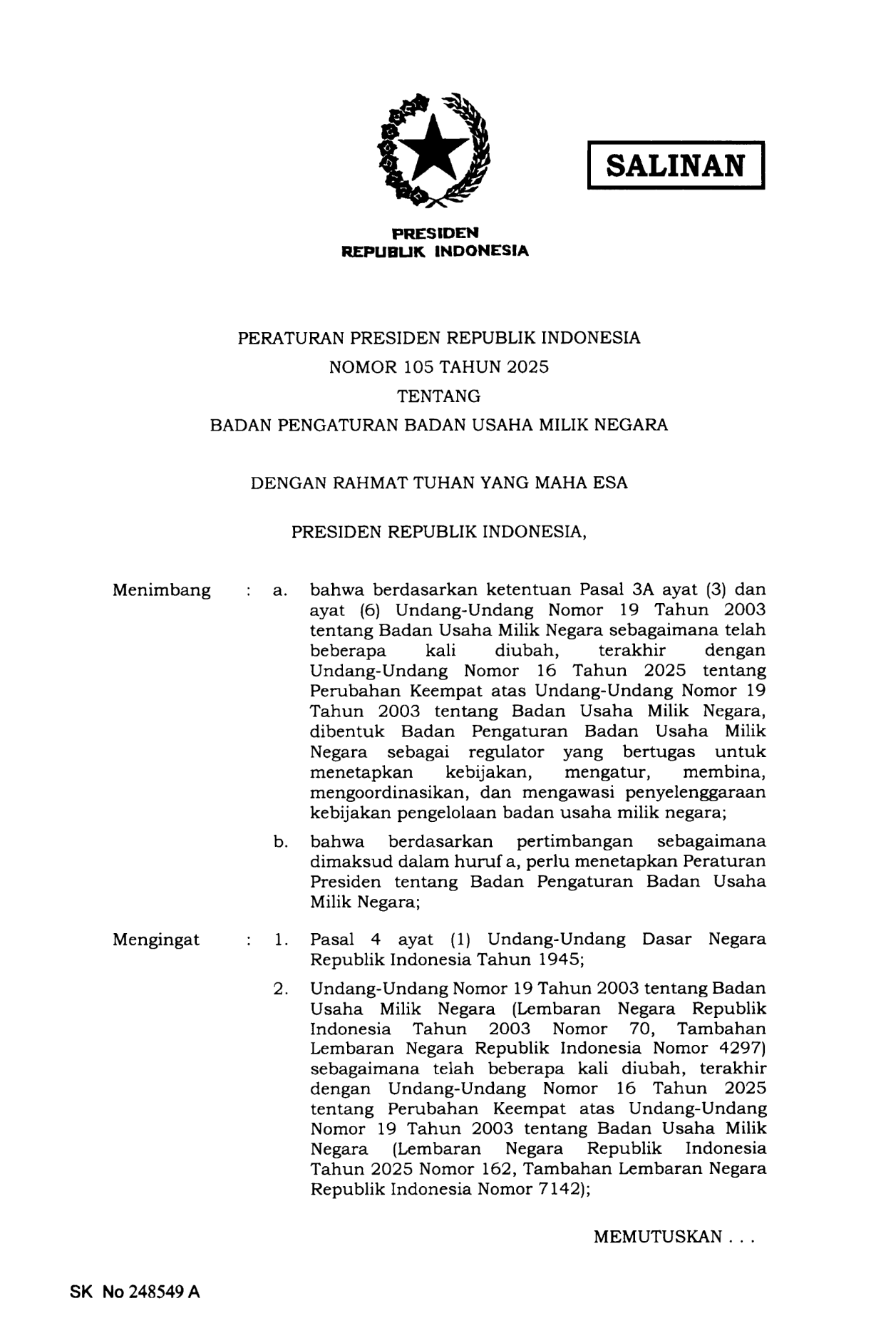 Peraturan Presiden Nomor 105 Tahun 2025