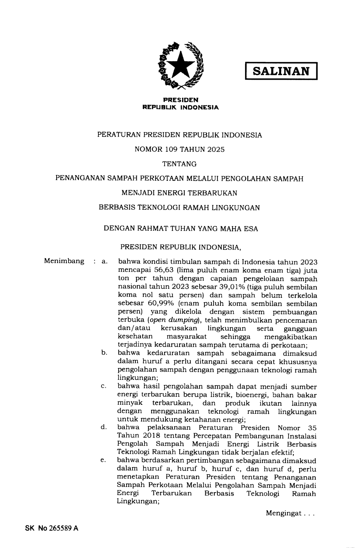 Peraturan Presiden Nomor 109 Tahun 2025