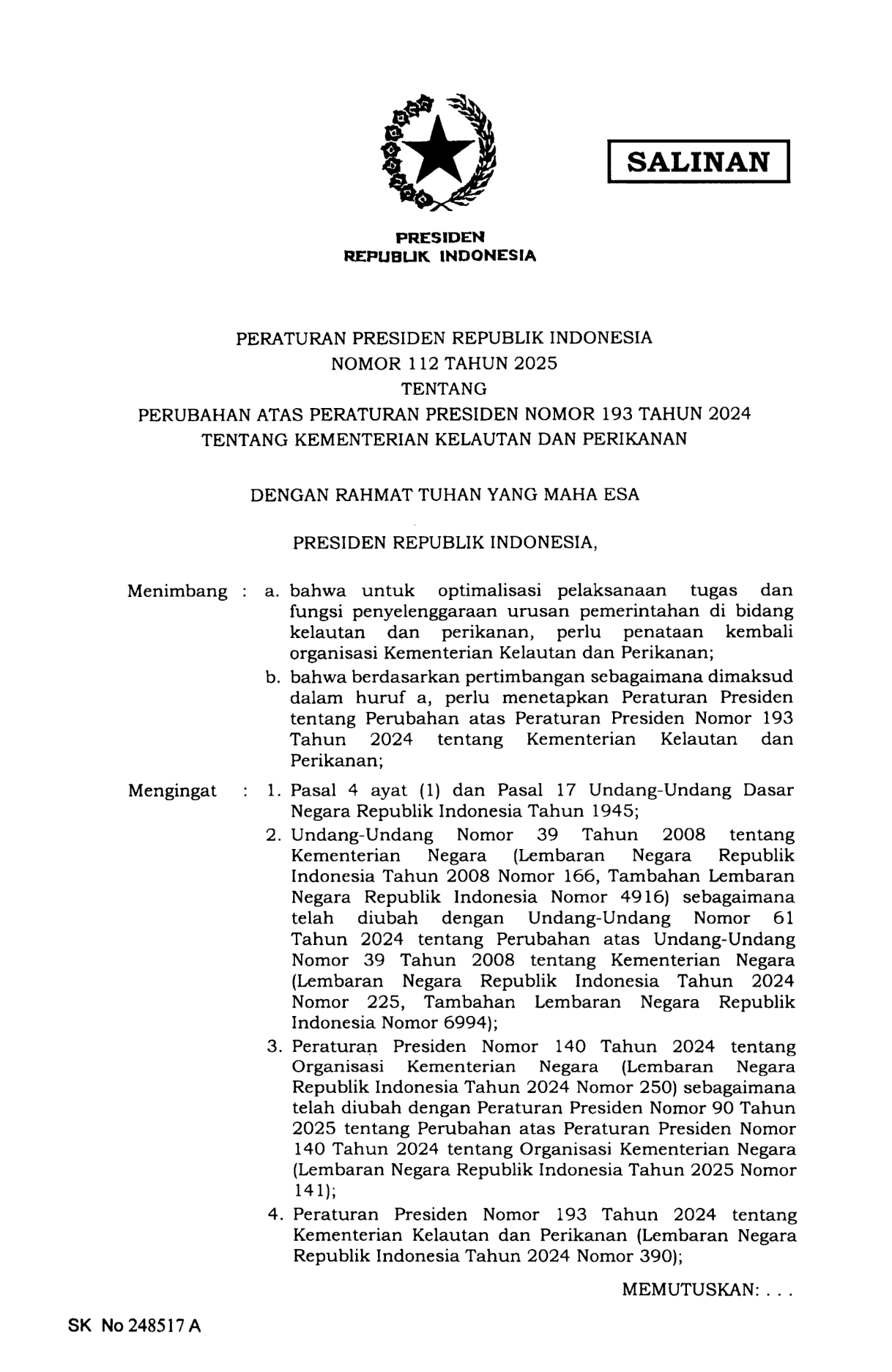 Peraturan Presiden Nomor 112 Tahun 2025