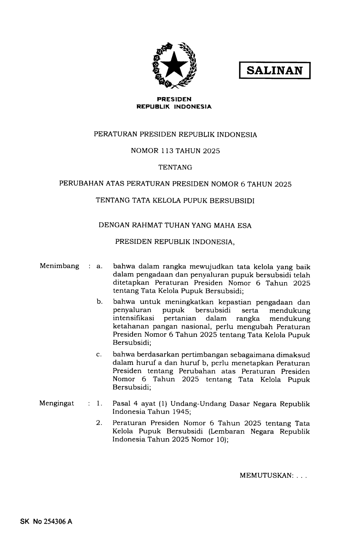 Peraturan Presiden Nomor 113 Tahun 2025