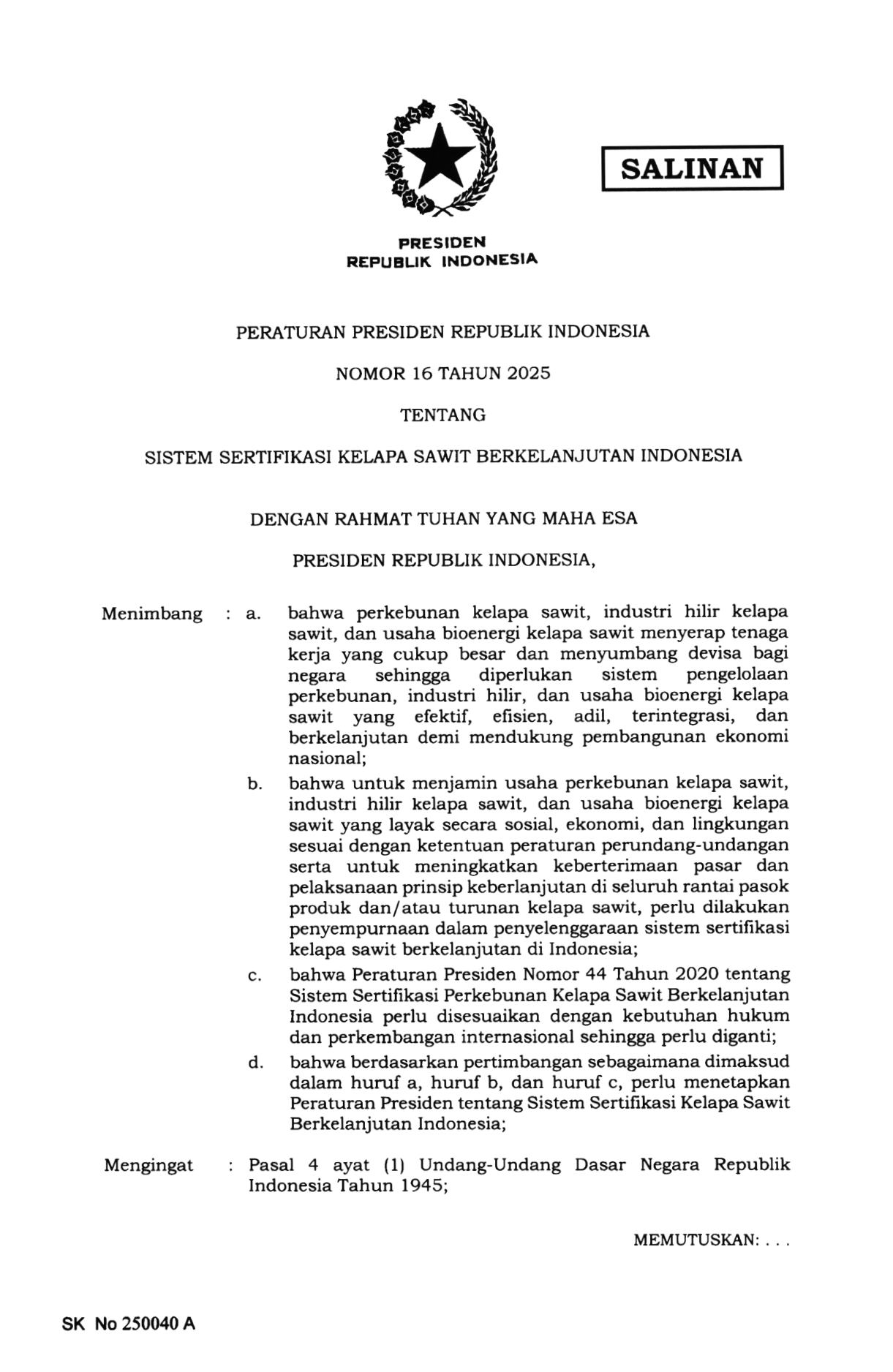 Peraturan Presiden Nomor 16 Tahun 2025