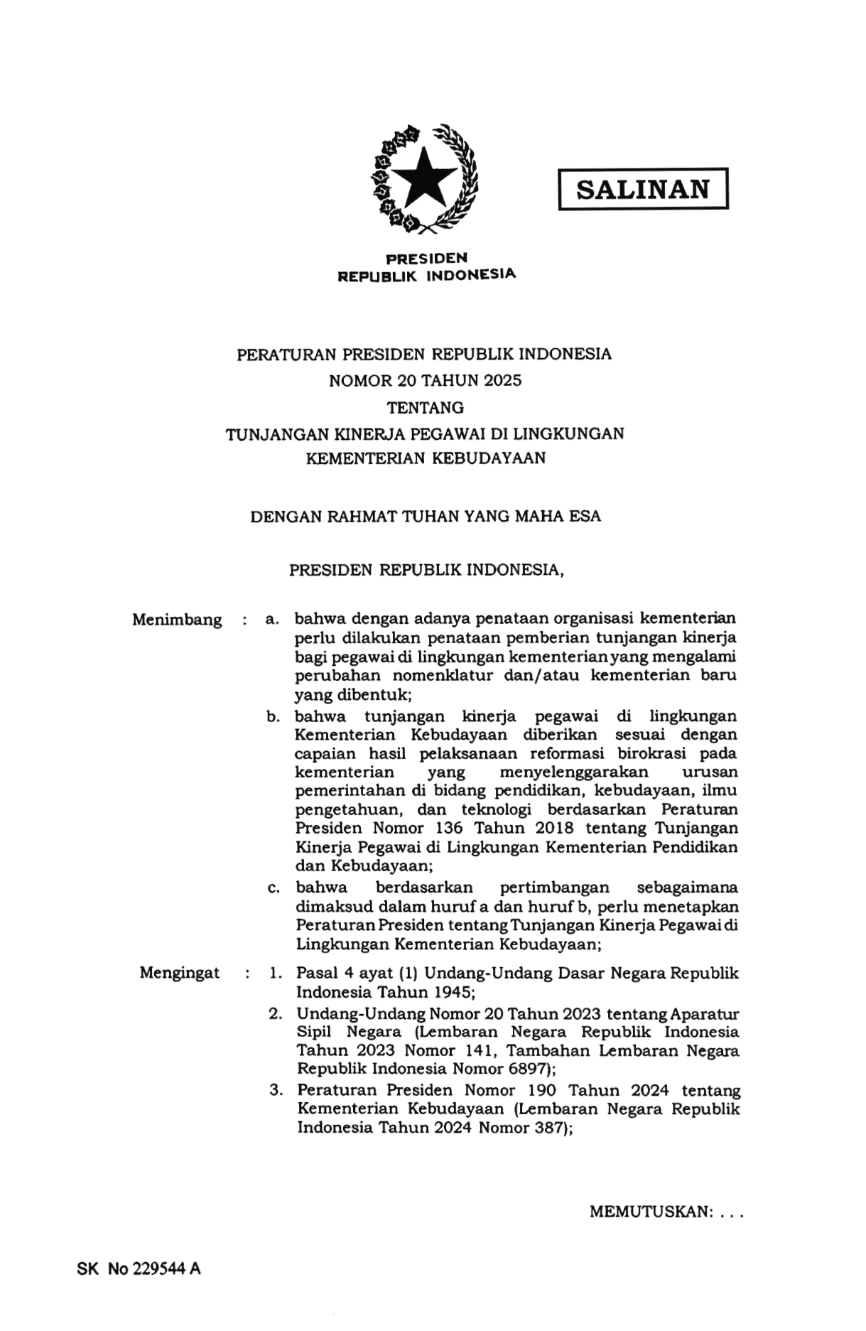 Peraturan Presiden Nomor 20 Tahun 2025