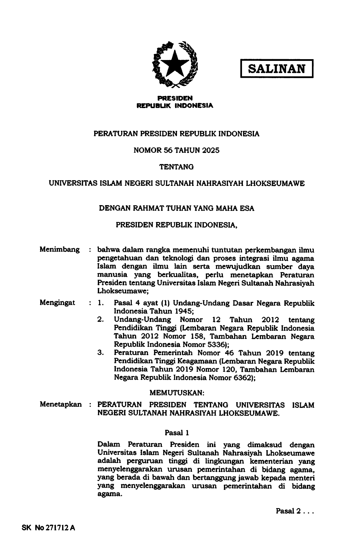 Peraturan Presiden Nomor 56 Tahun 2025