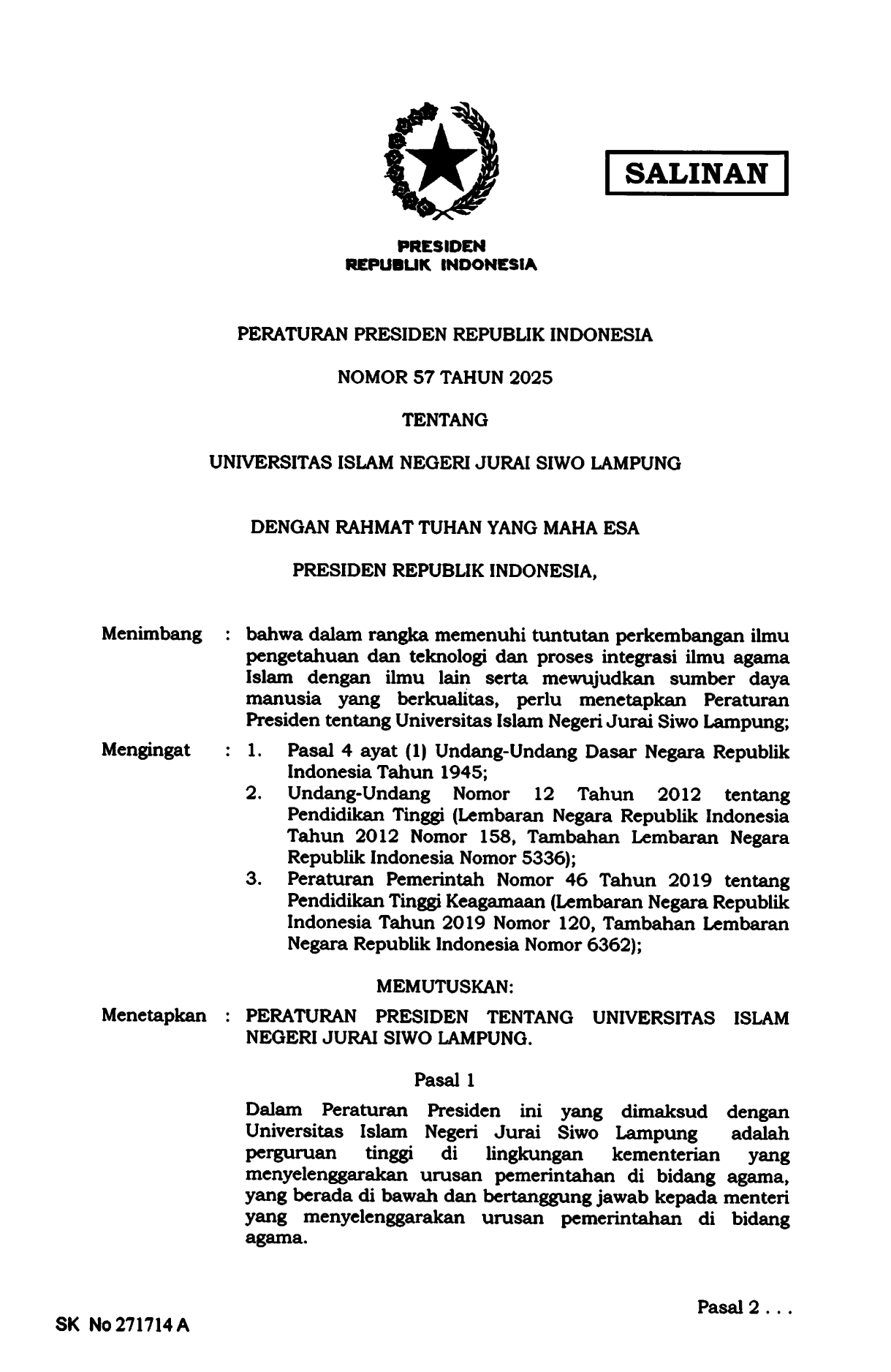 Peraturan Presiden Nomor 57 Tahun 2025