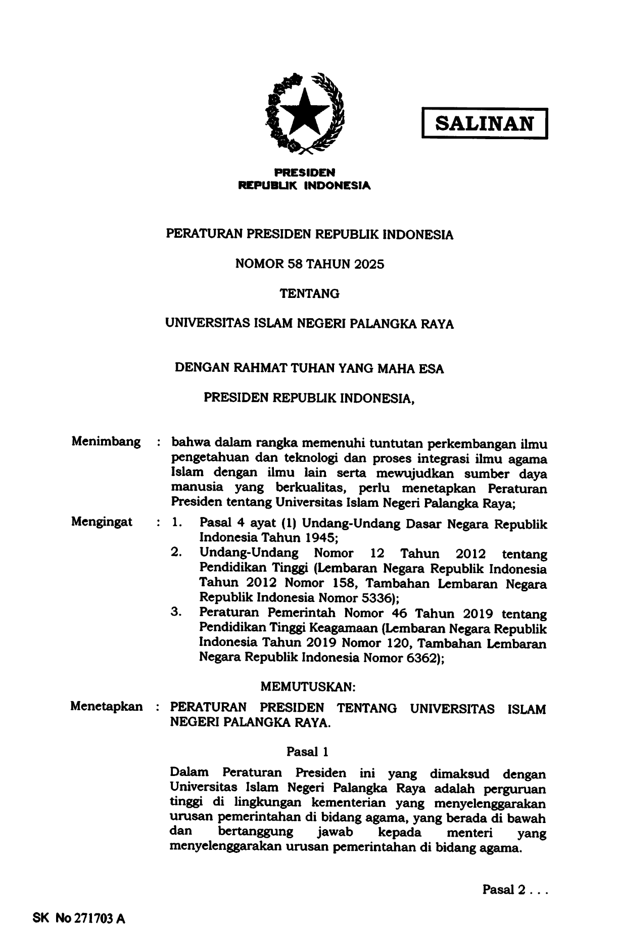 Peraturan Presiden Nomor 58 Tahun 2025