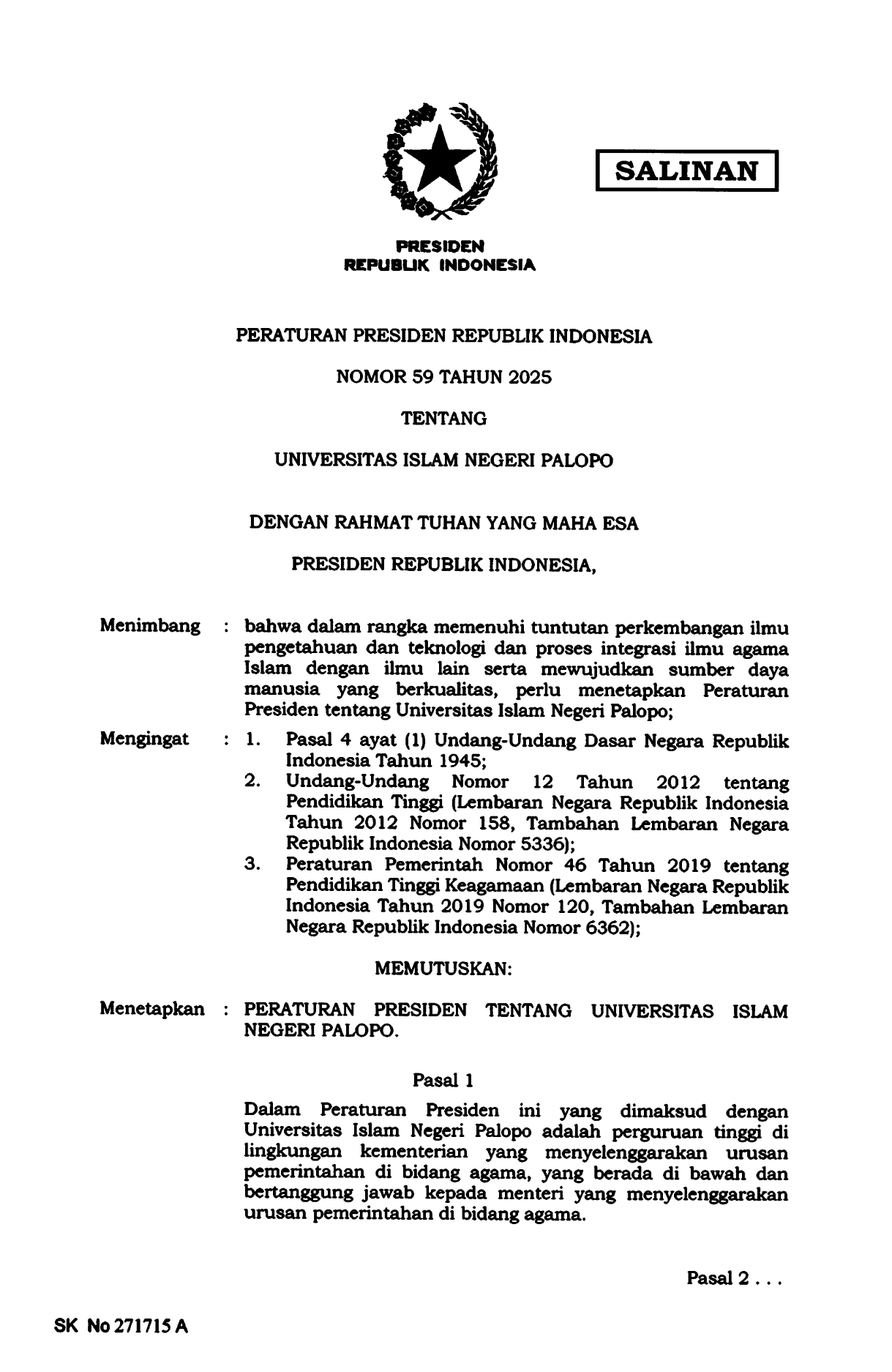 Peraturan Presiden Nomor 59 Tahun 2025