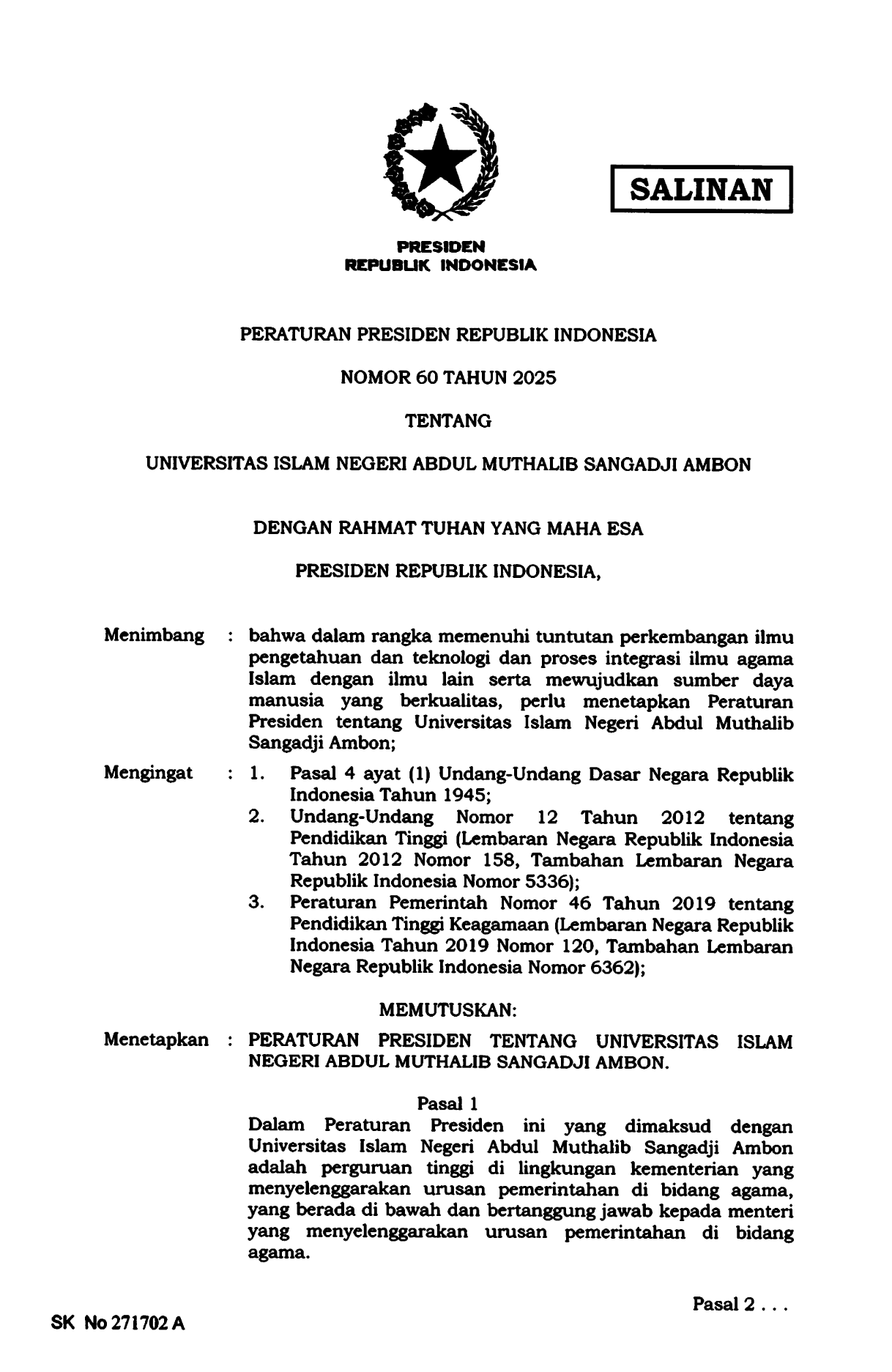 Peraturan Presiden Nomor 60 Tahun 2025