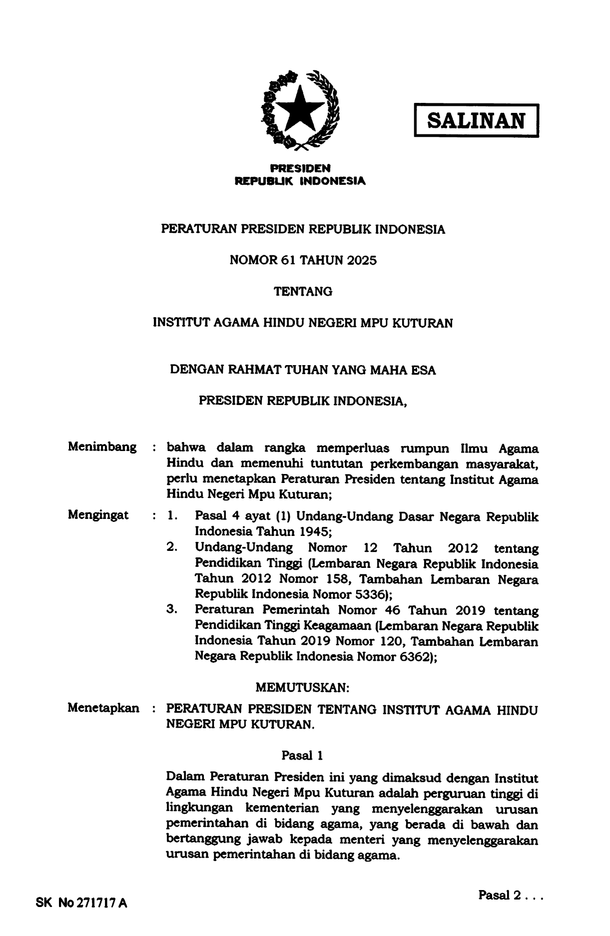 Peraturan Presiden Nomor 61 Tahun 2025
