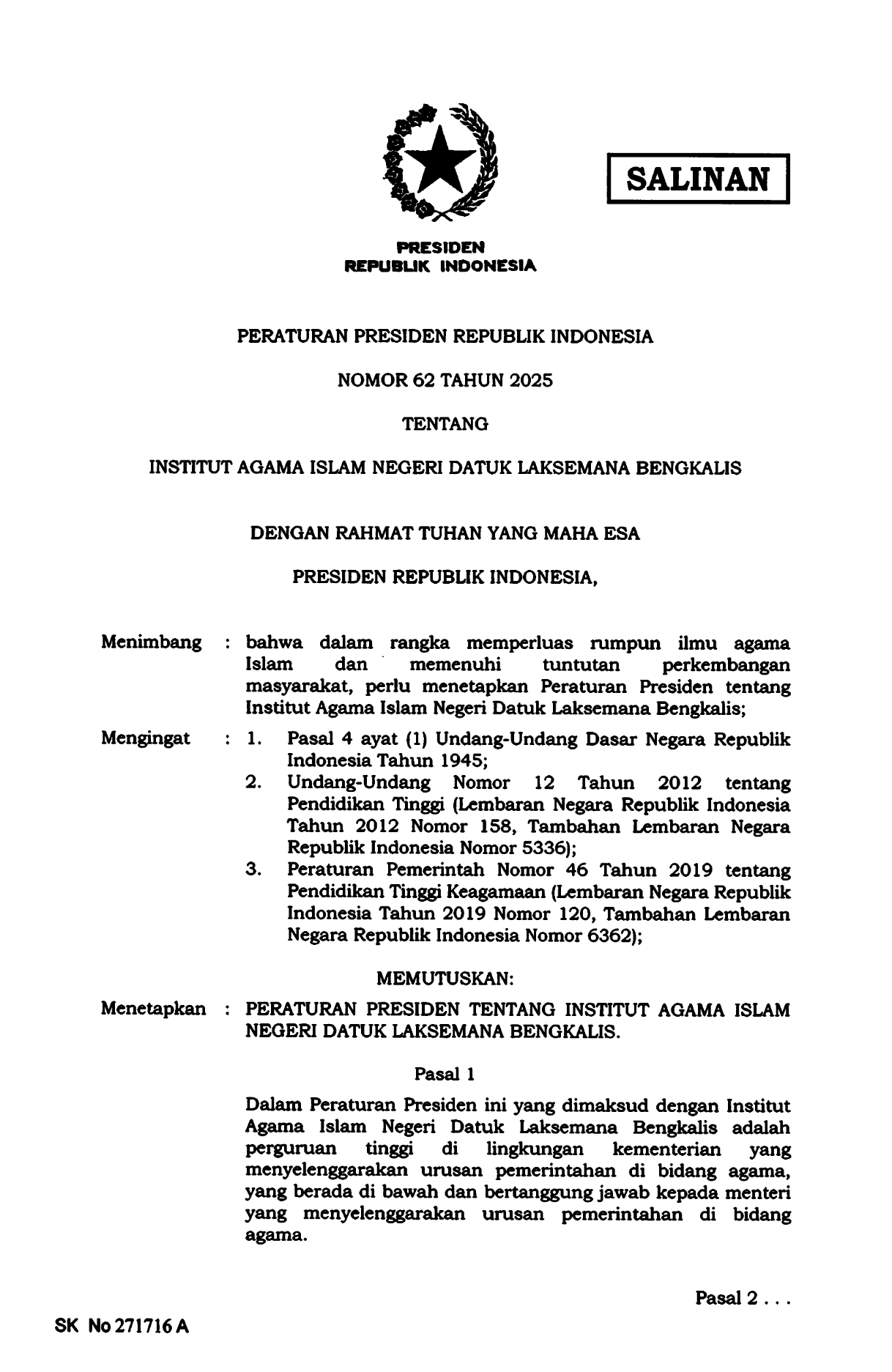 Peraturan Presiden Nomor 62 Tahun 2025