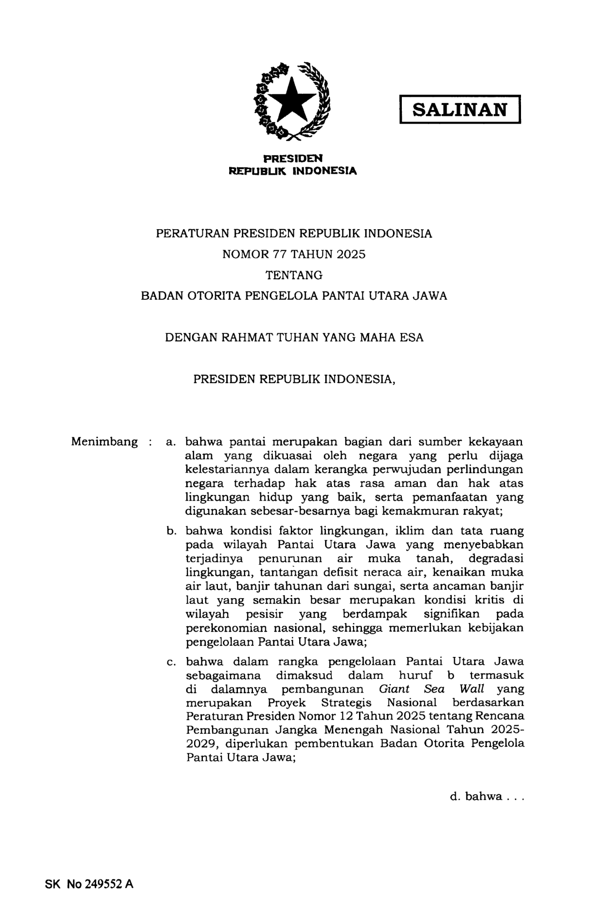 Peraturan Presiden Nomor 77 Tahun 2025