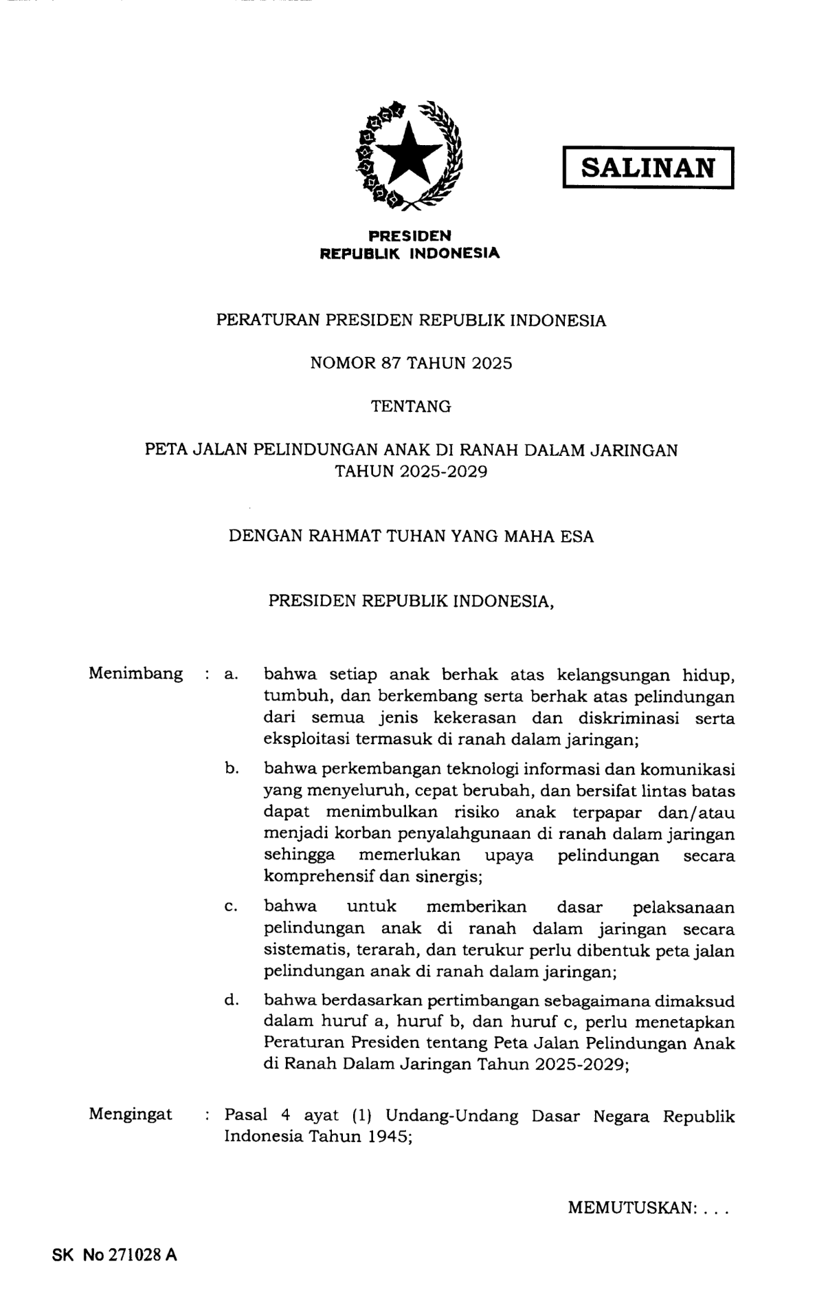 Peraturan Presiden Nomor 87 Tahun 2025