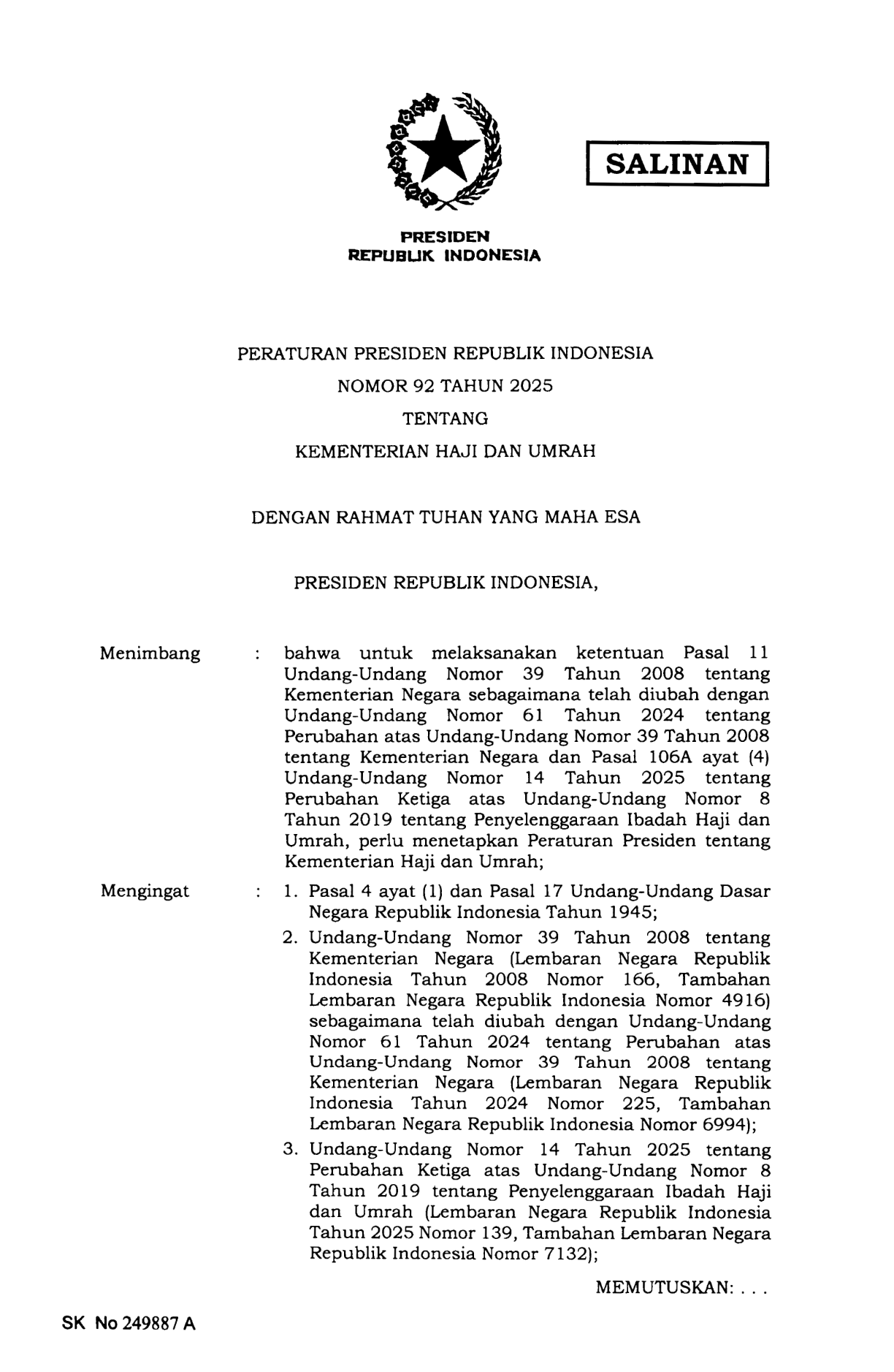 Peraturan Presiden Nomor 92 Tahun 2025