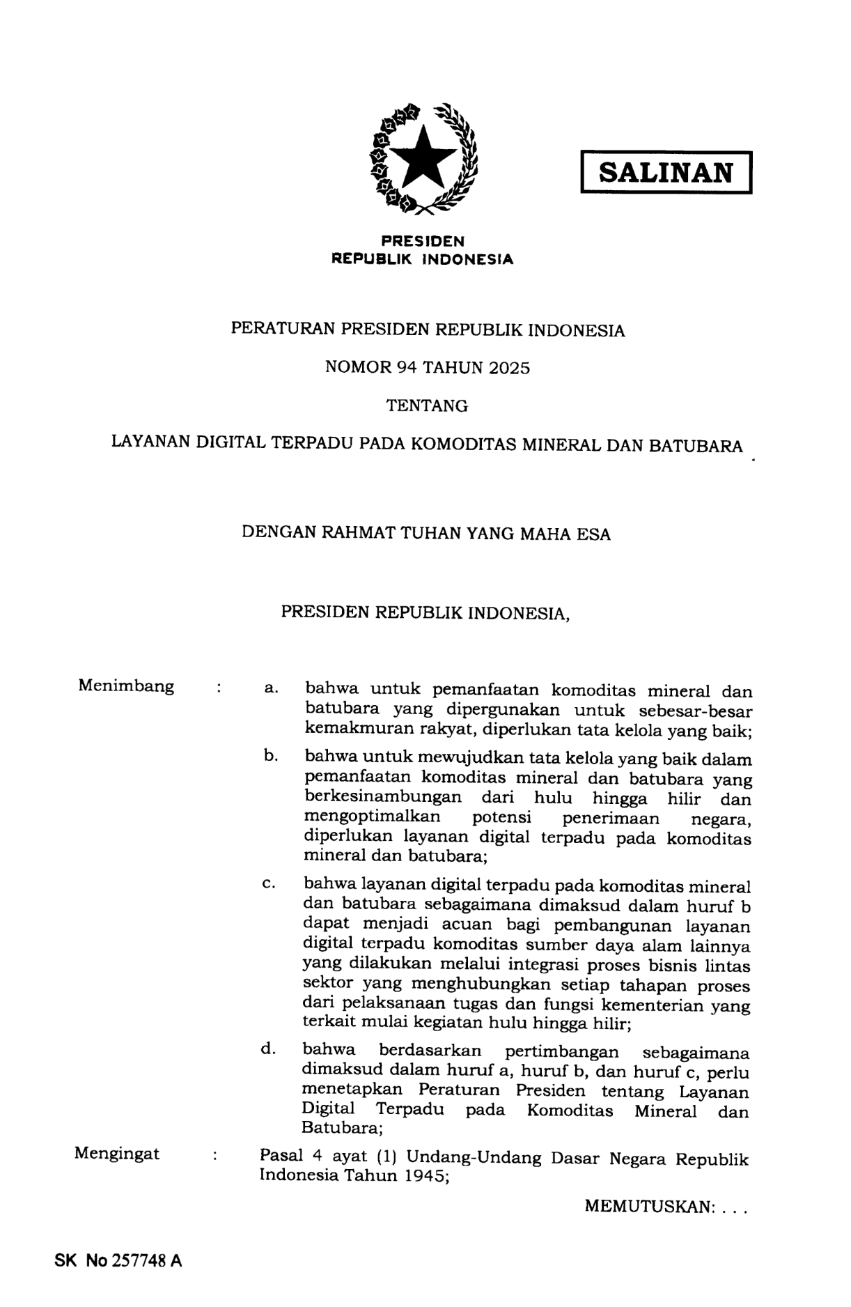 Peraturan Presiden Nomor 94 Tahun 2025