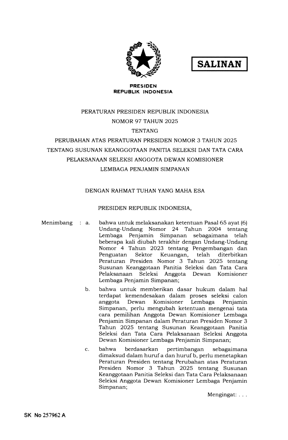 Peraturan Presiden Nomor 97 Tahun 2025