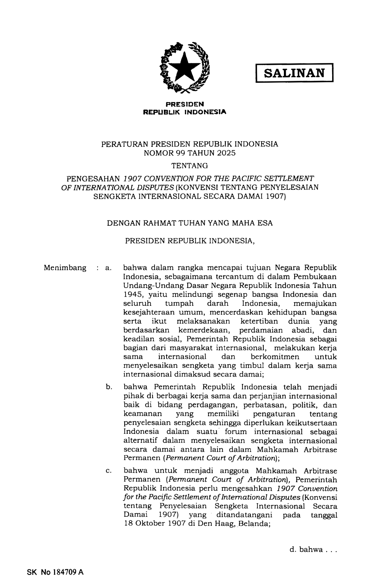 Peraturan Presiden Nomor 99 Tahun 2025