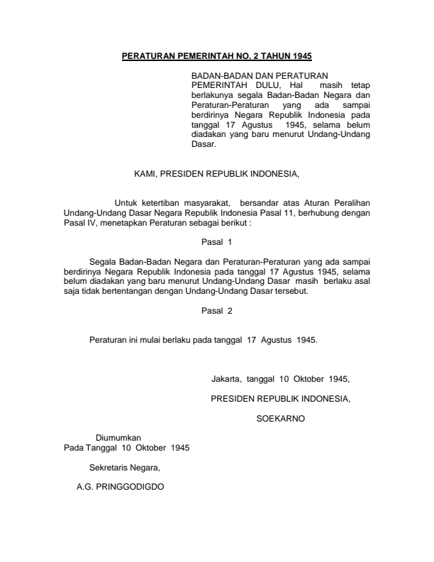 Peraturan Pemerintah Nomor 2 Tahun 1945