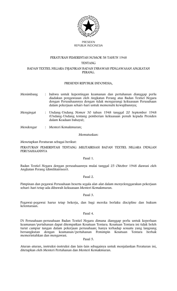 Peraturan Pemerintah Nomor 58 Tahun 1948