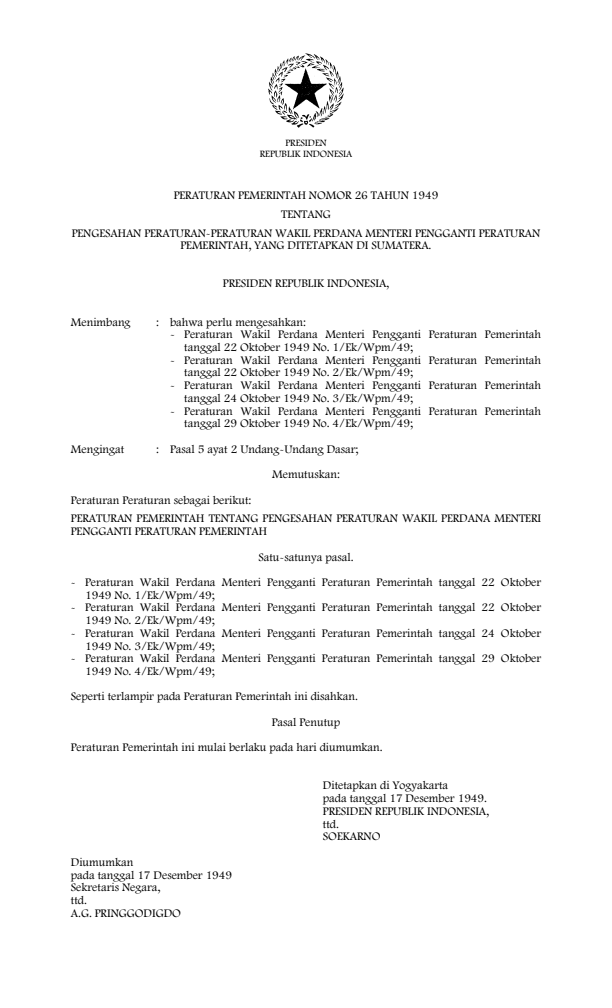 Peraturan Pemerintah Nomor 26 Tahun 1949