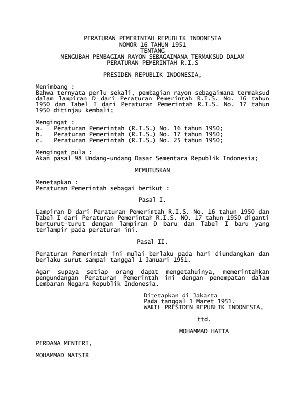 Peraturan Pemerintah Nomor 16 Tahun 1951