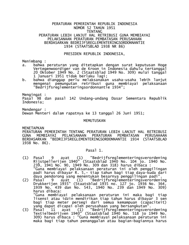 Peraturan Pemerintah Nomor 52 Tahun 1951